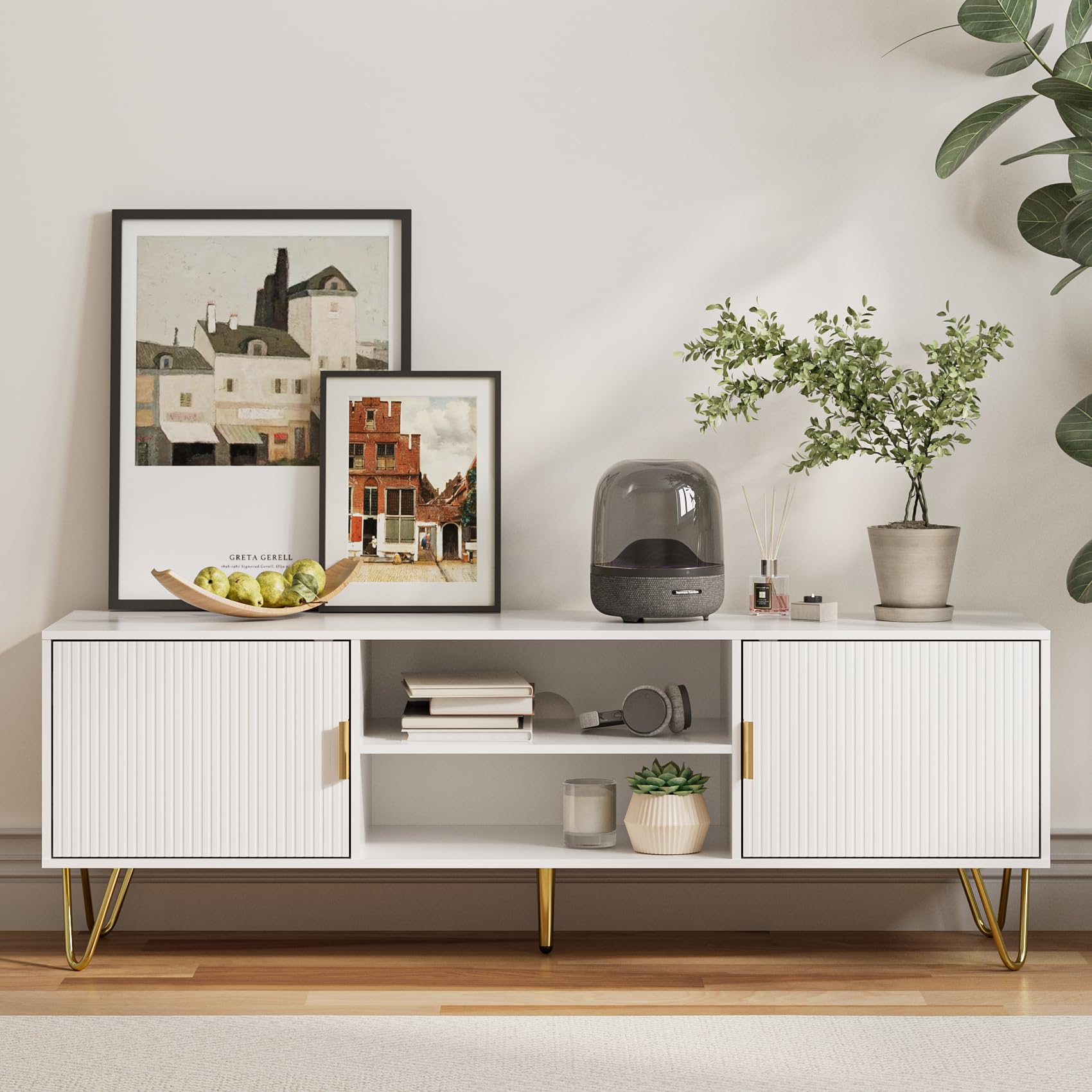 TV Stand for 55-65 Inch TV with Soft Hinge Door and 2 Cabinets