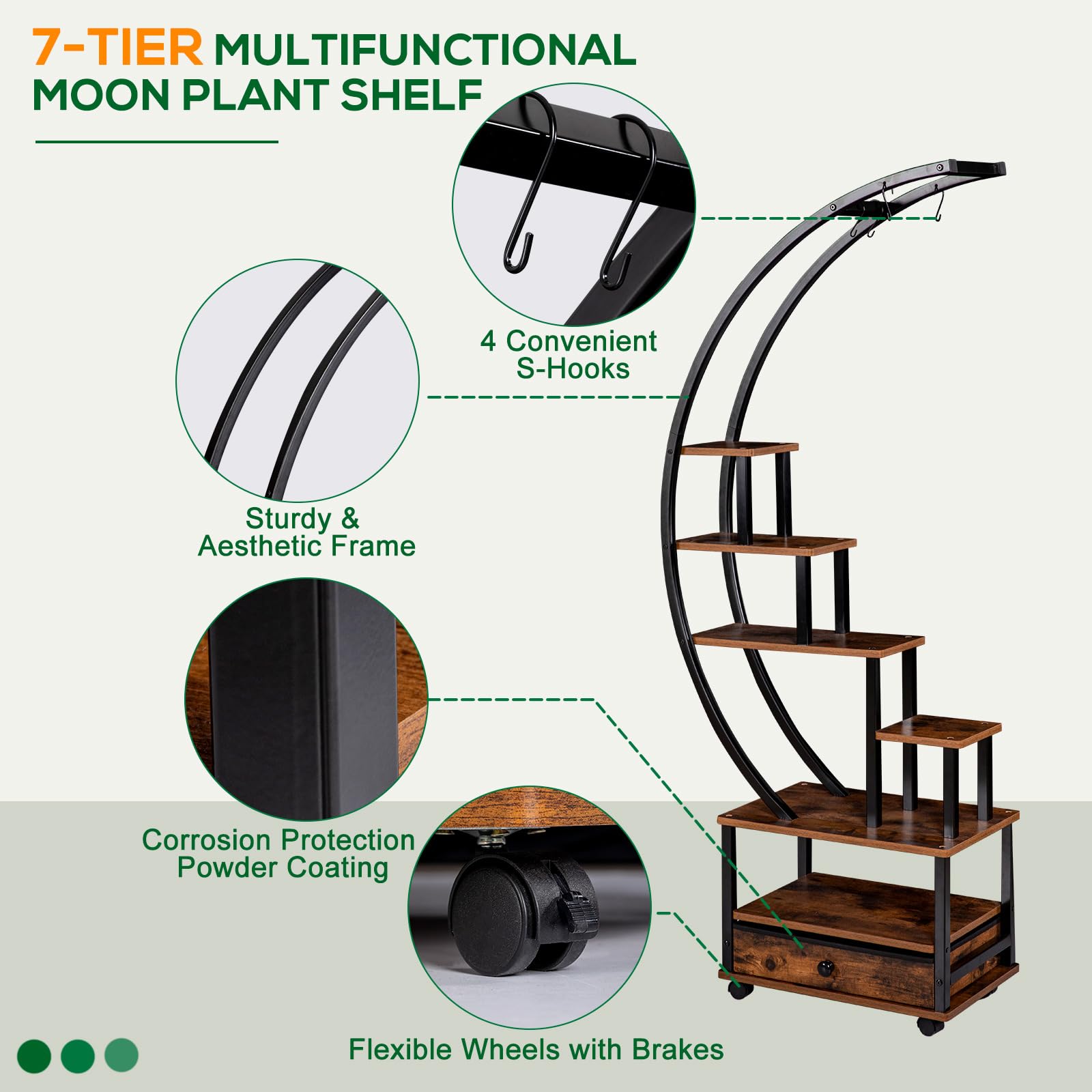 7-Tier Half Moon Plant Stand with Lockable Wheels