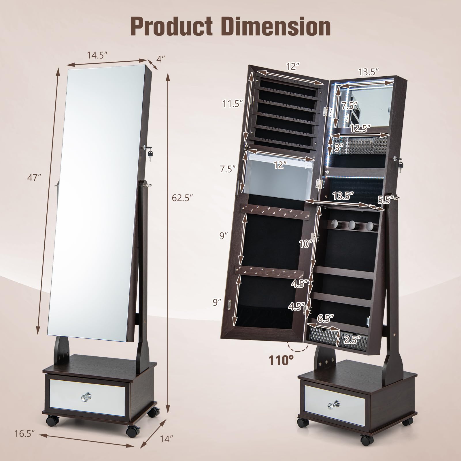 Rolling Jewelry Armoire with Full Length Mirror and LED Lights