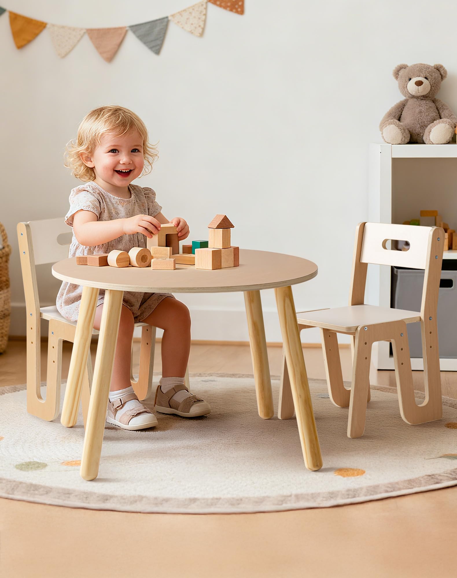 Wooden Toddler Table and Chair Set with Height Adjustable Chairs