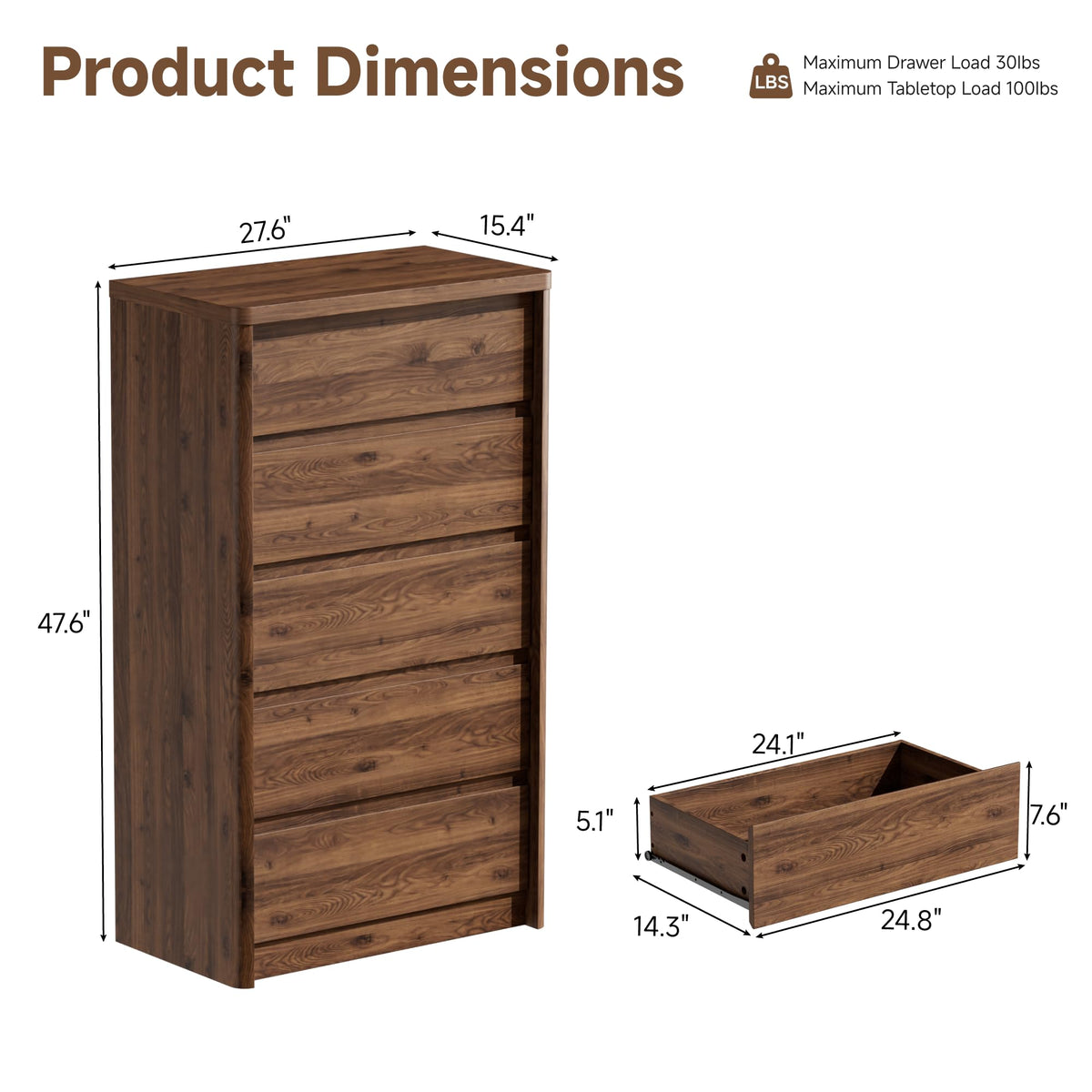 5-Drawer Tall Dresser with Wood Legs – Mid-Century Modern Walnut Chest of Drawers