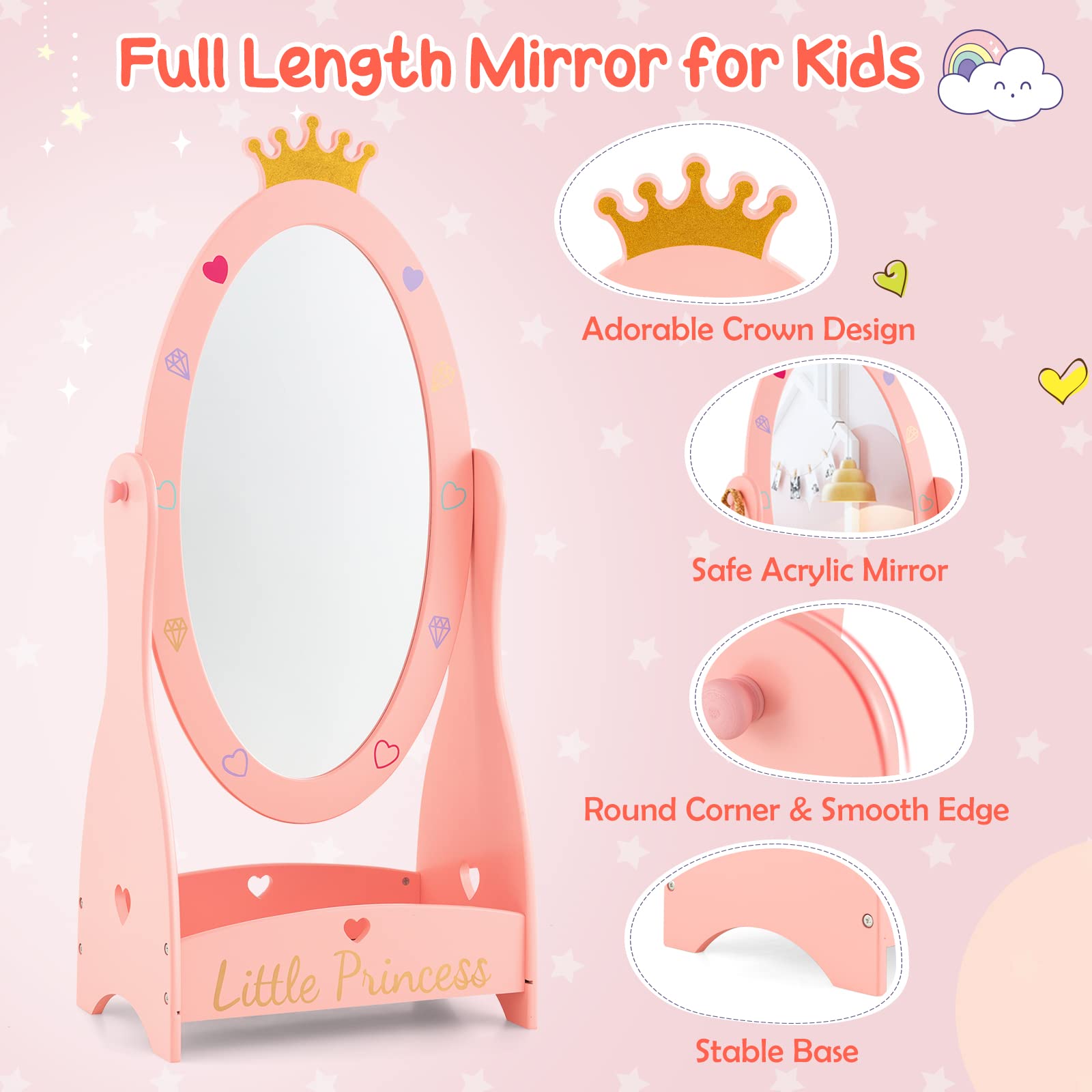 Kids Princess Floor Mirror with Storage Shelf