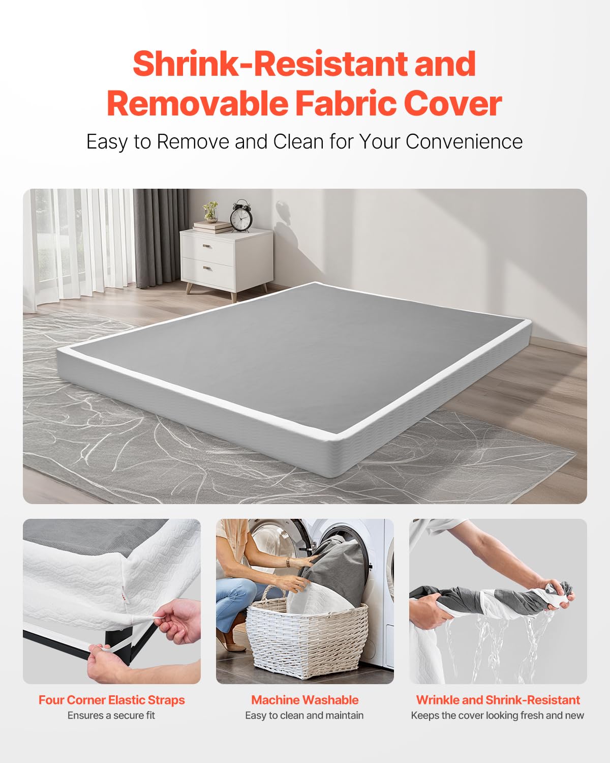 Box Spring Queen Size Bed Frame with Washable Fabric