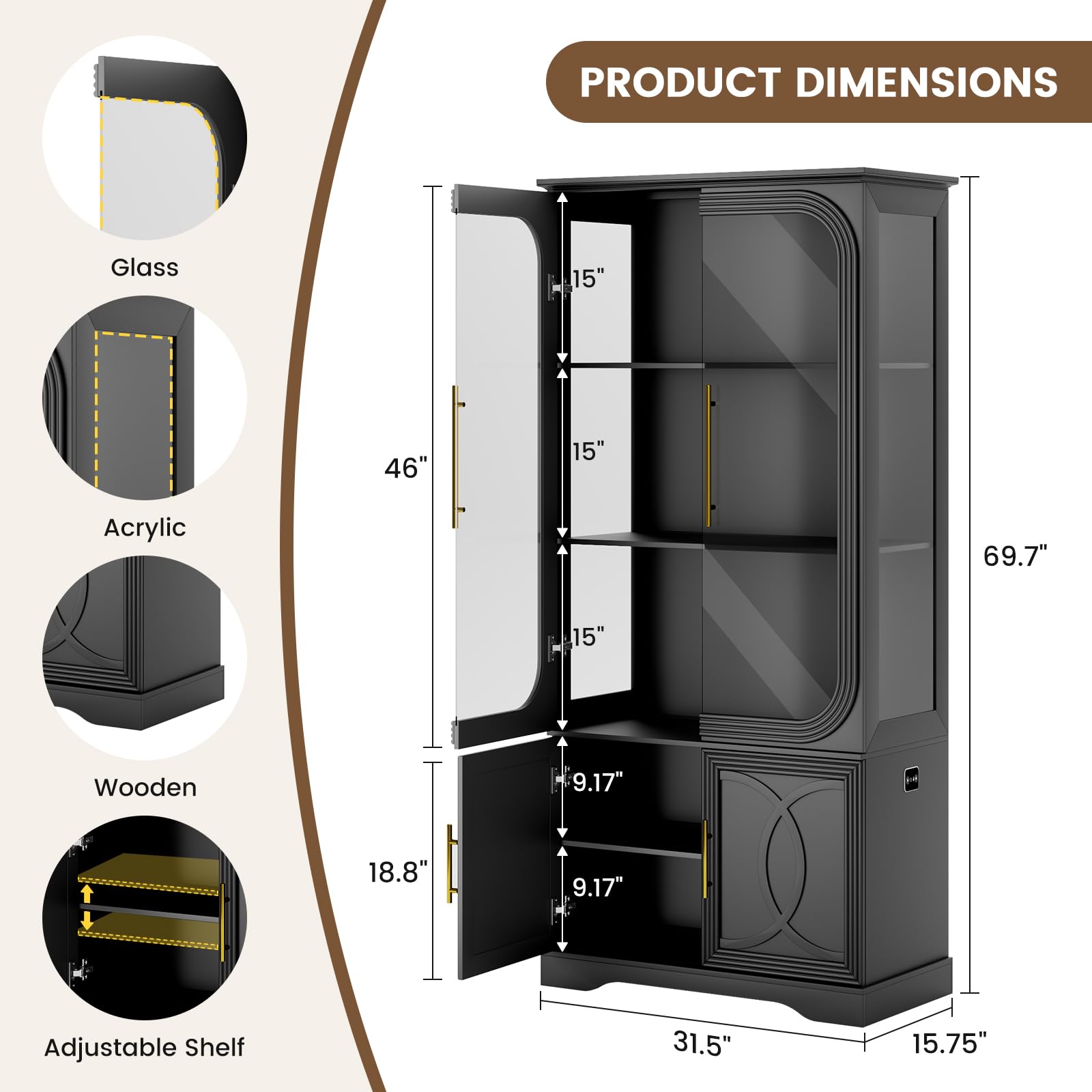 Display Curio Cabinet with Glass Doors and LED Lights