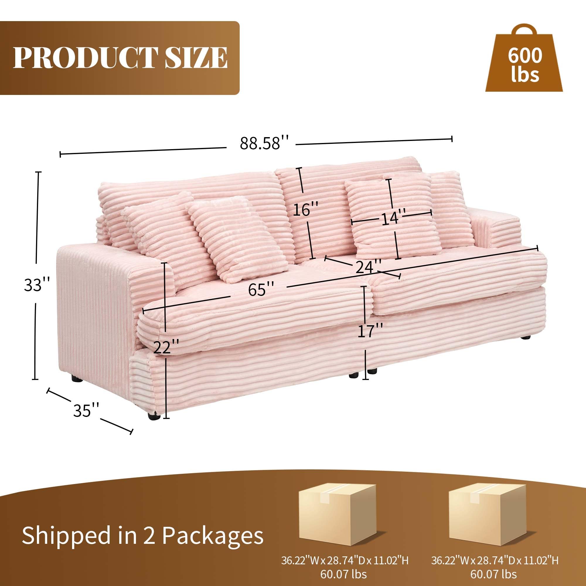 Pink Corduroy Sleeper Sofa 3-Seater with Deep Seat