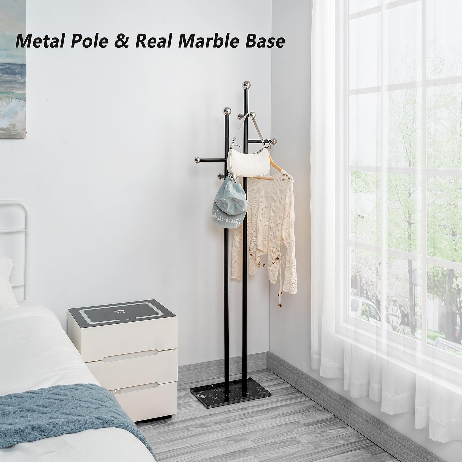 Coat Rack Freestanding with Marble Base - Heavy Duty Metal Corner Coat Tree