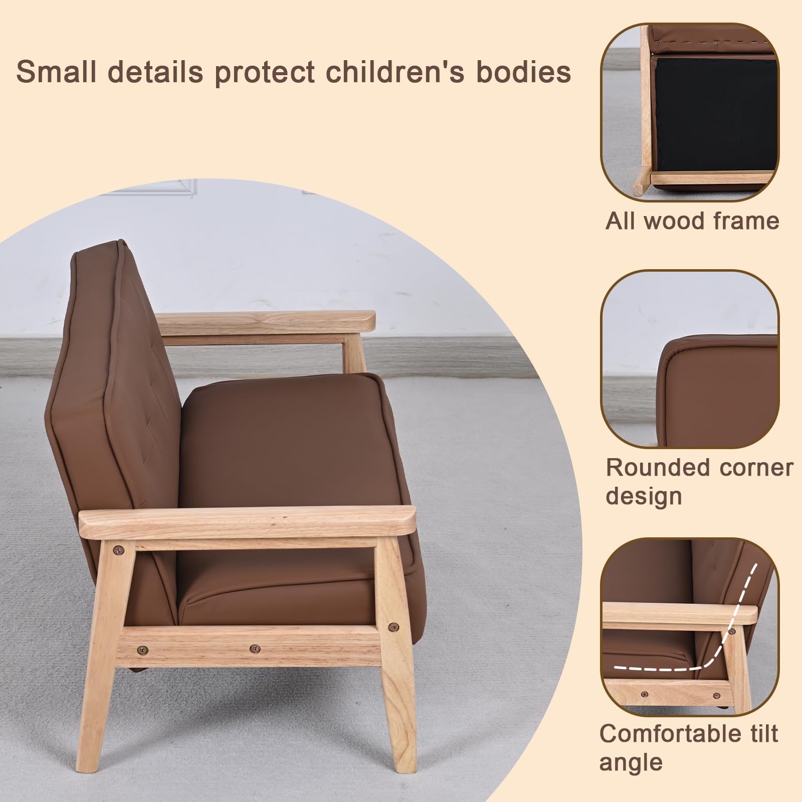 Yoonnie room Double Seater Kid Sofa Chair, Kid Couch with Solid Wood Armrest and PU Leather for Kids Rest (Brown)