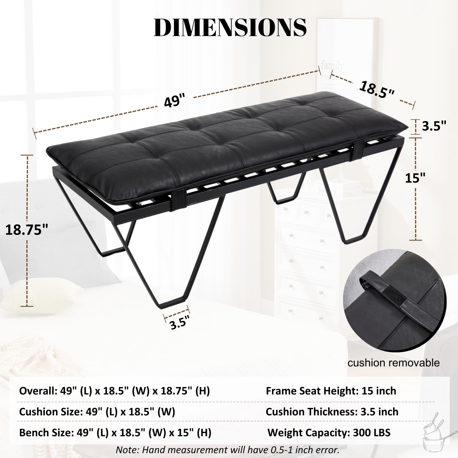 49" Modern Industrial Entryway Bench with Removable Cushion