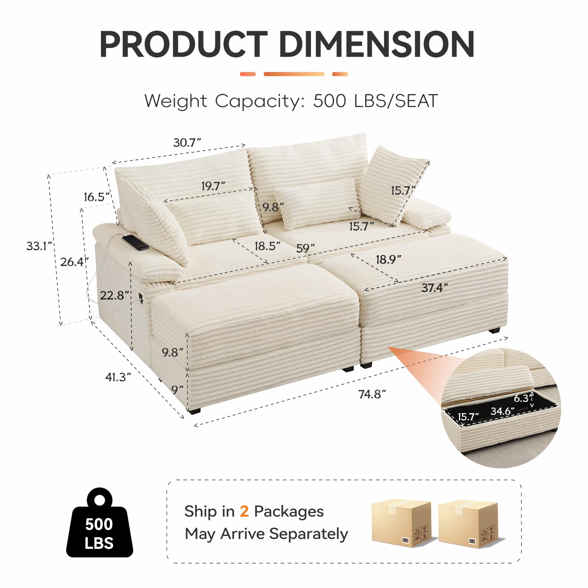 Corduroy Loveseat with Storage Ottoman and USB