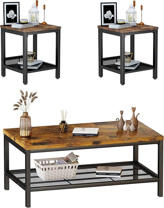 3-Piece Industrial Coffee Table Set with Square End Tables