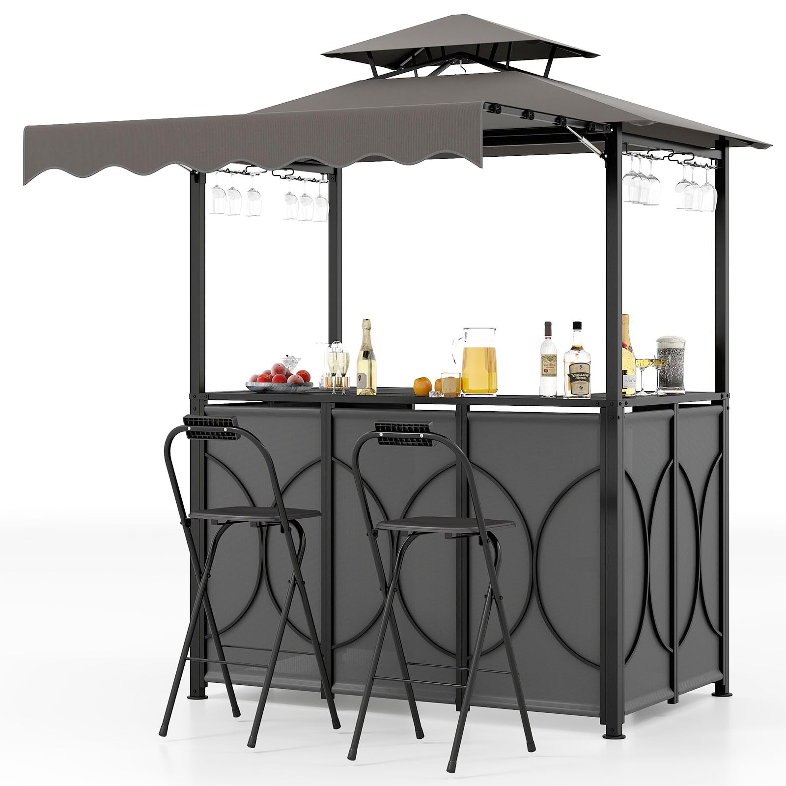 Grill Gazebo Bar Set with Awning and Foldable Stools
