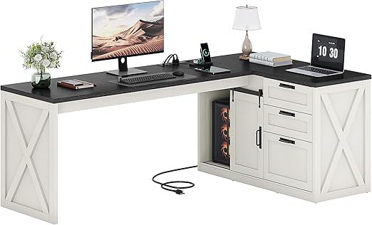 L-Shaped Office Desk with Drawers and Power Outlets