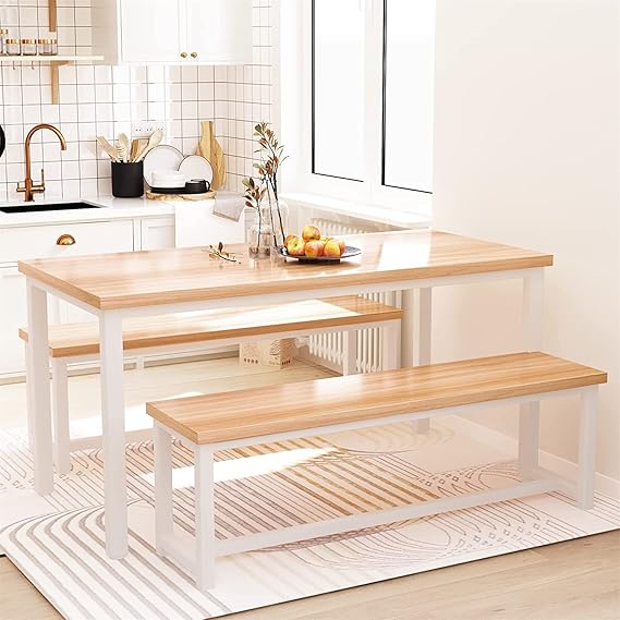 Dining Table Set with 2 Benches Black