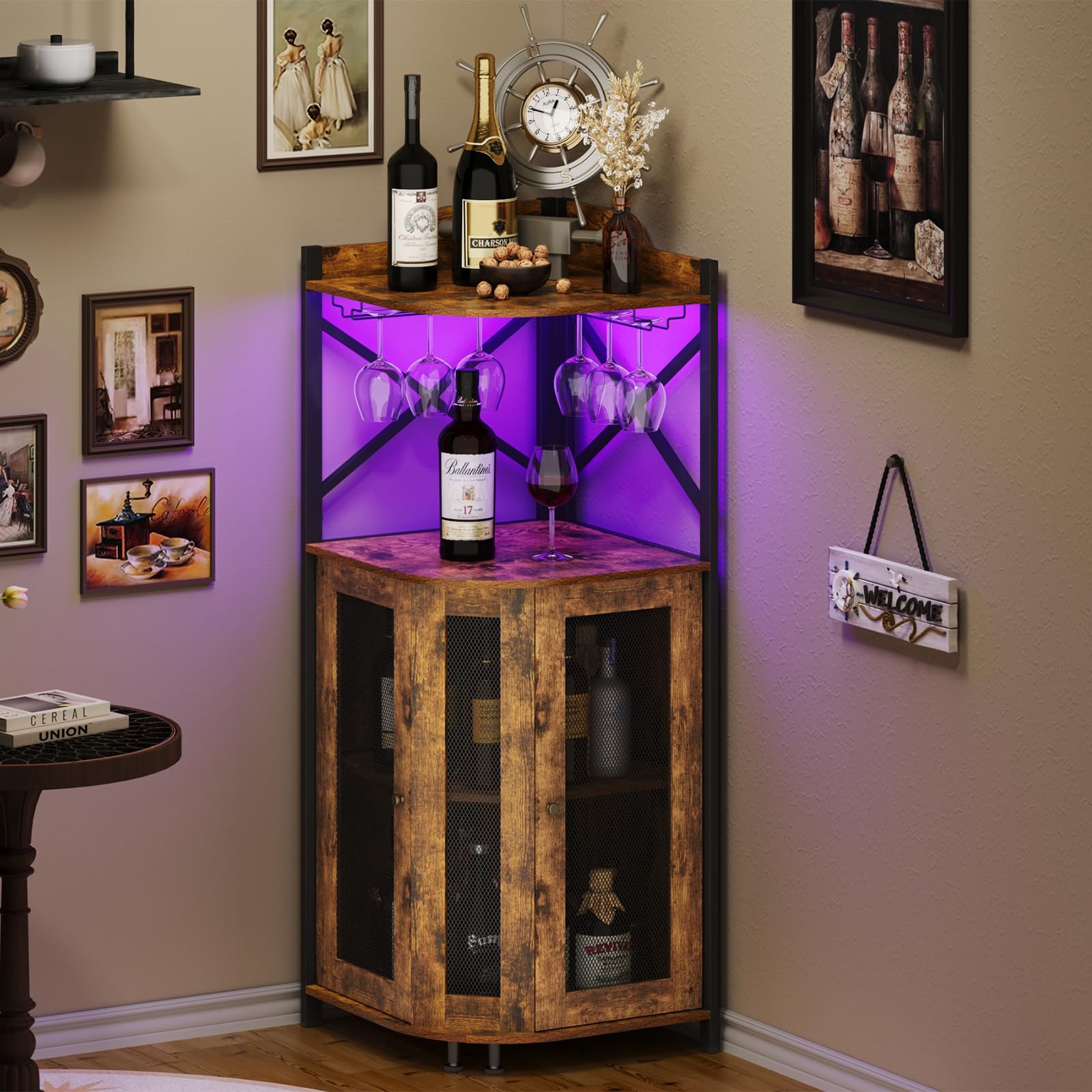 Corner Wine Bar Cabinet with LED Lights