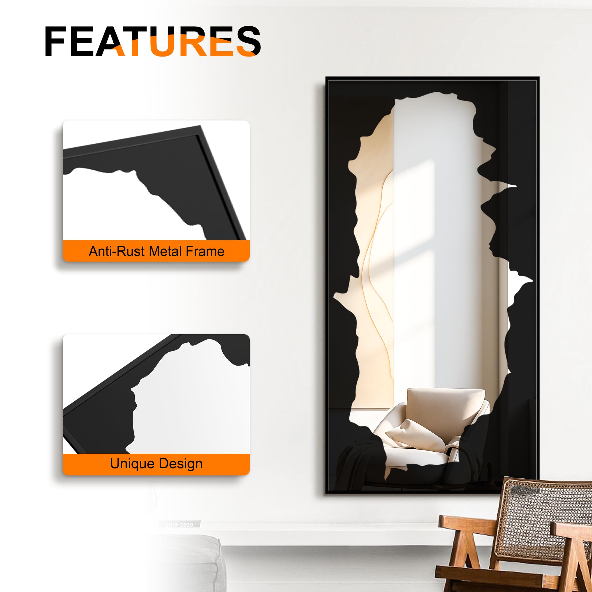 55x28 Full-Length Mirror with Artistic Black Abstract Overlay