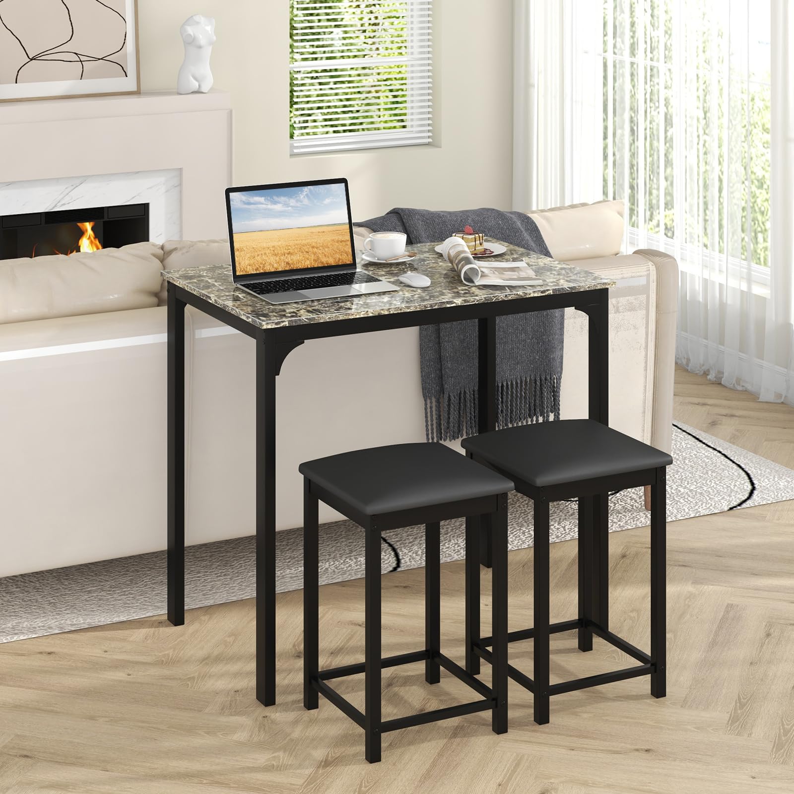 3-Piece Counter Height Dining Table Set with Faux Marble Top