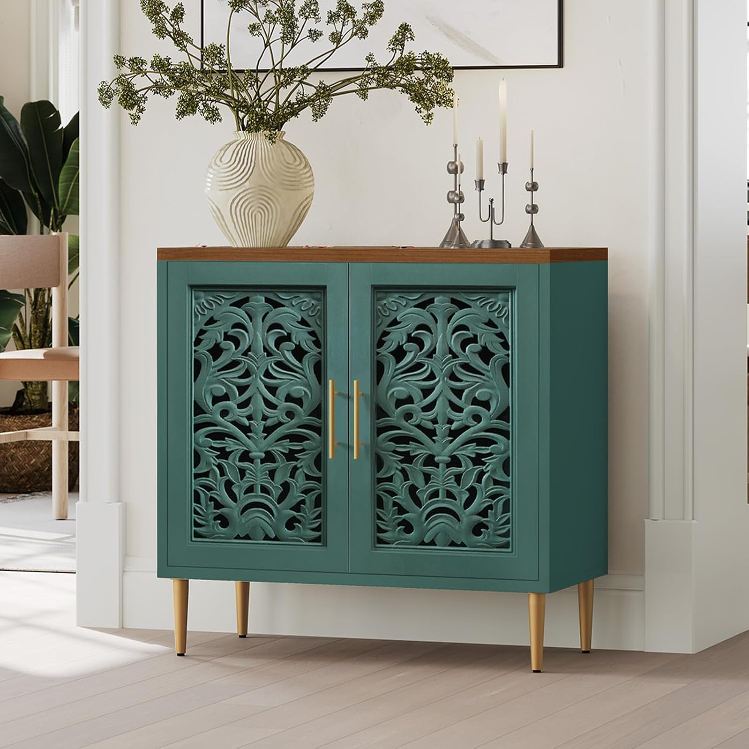 Vintage Hollow Carved Buffet Cabinet with Storage