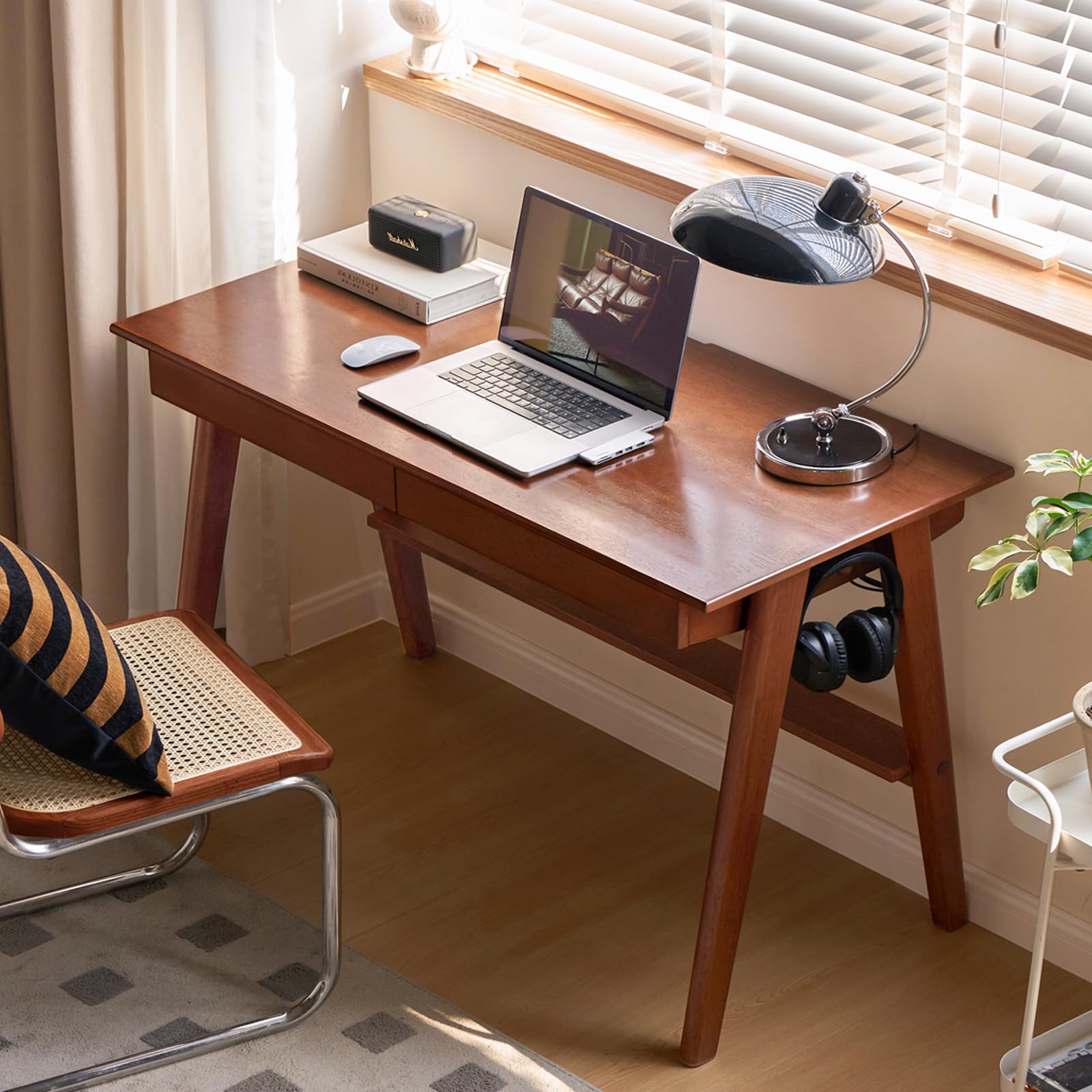 Solid Rubber Wood Writing Desk with Drawer