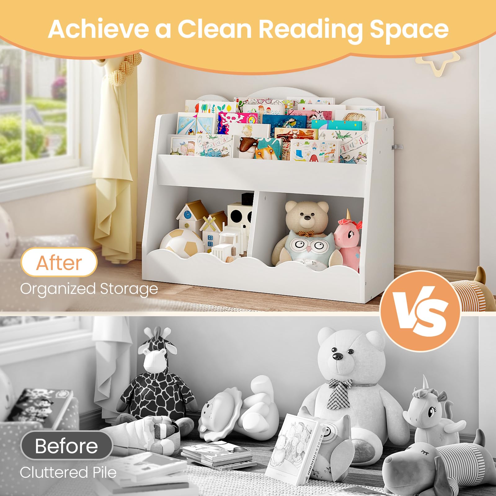 CHOEZON Kids Bookshelf and Toy Storage, Children's Bookcase with 2 Toy Cubes, Toddler Book Shelf for Kids Room, Wooden Book Organizer, for Playroom, Nursery, Living Room, White MCW15WB