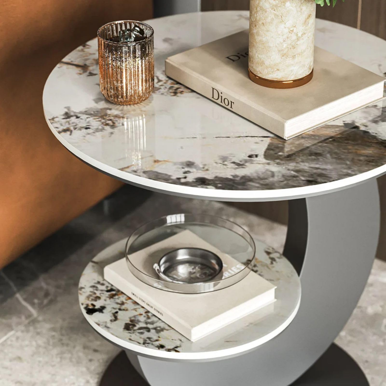 Modern Round End Table Faux Marble 2-Tier with Storage Shelf