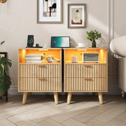 AOGLLATI Fluted Nightstand Set of 2 with Charging Station, LED Nightstand with 2 Drawers and Open Storage Cubby, Modern Bedside Table with LED Lights & Metal Handle for Bedroom