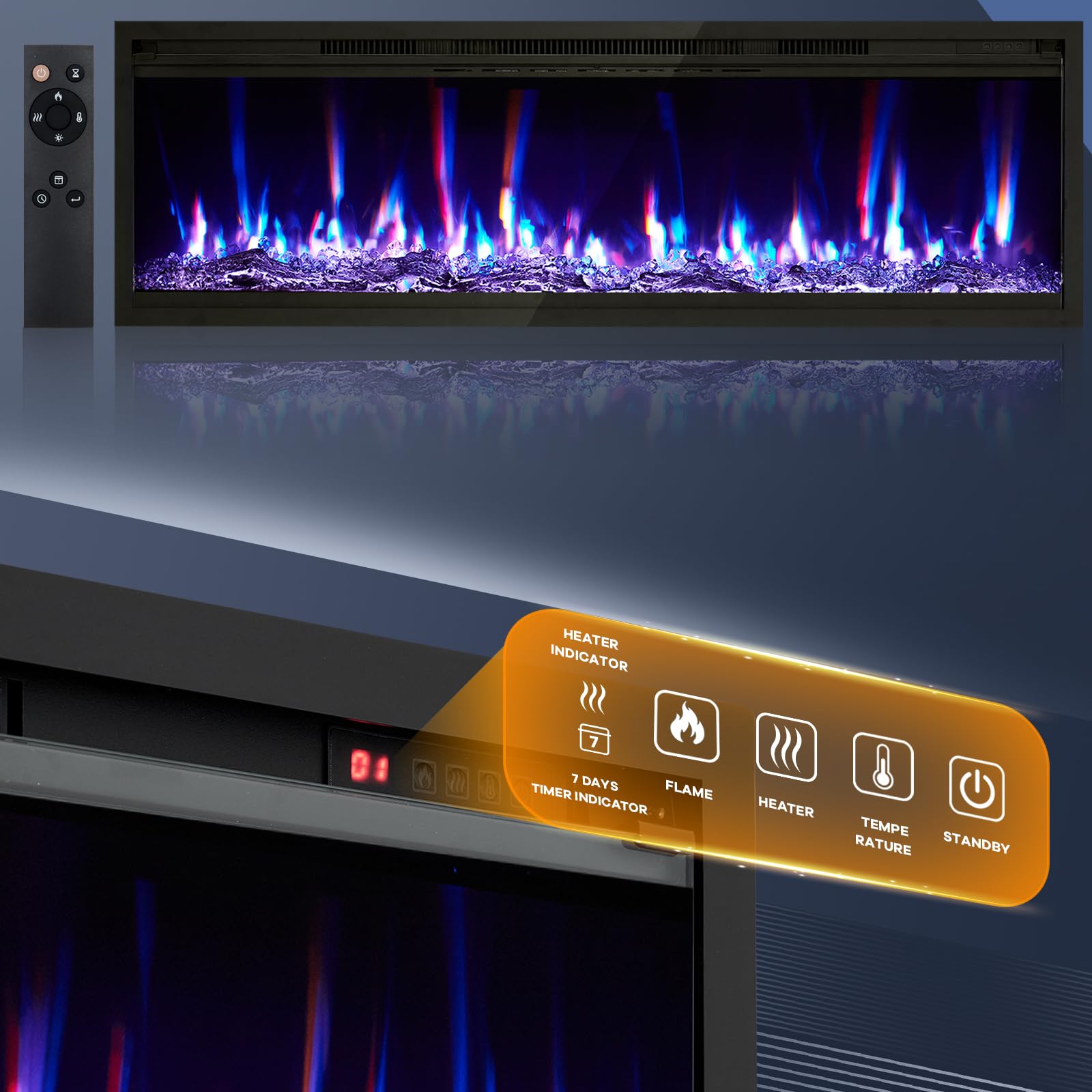 60 Inch Electric Fireplace Wall Mounted Recessed with Remote Control