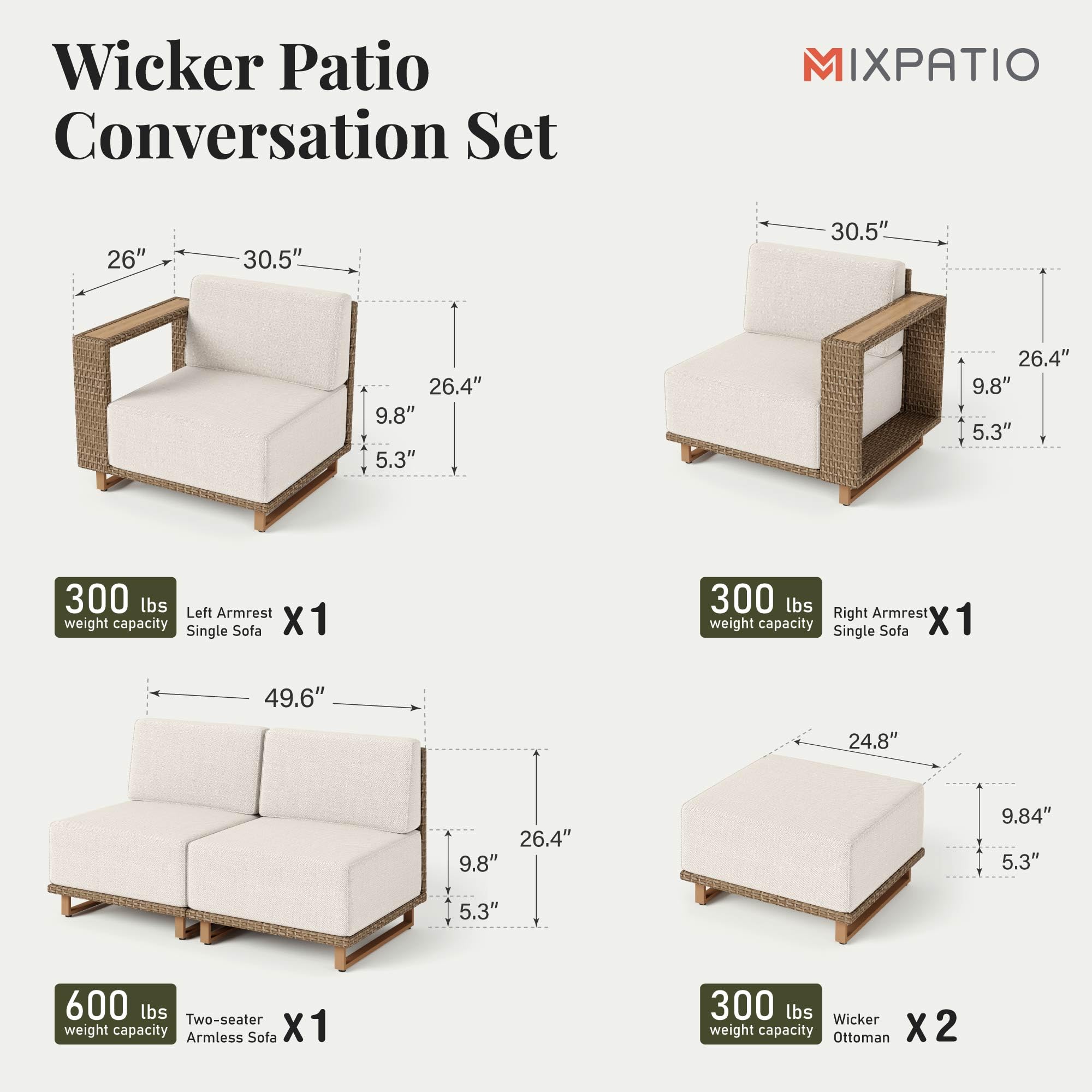 MIXPATIO Outdoor Patio Furniture Set, 6 Piece Outdoor Rattan Wicker Sofa Couch Set, Sectional Outdoor Conversation Sets with 10" Extra Thick Cushions for Deck Backyard Lawn