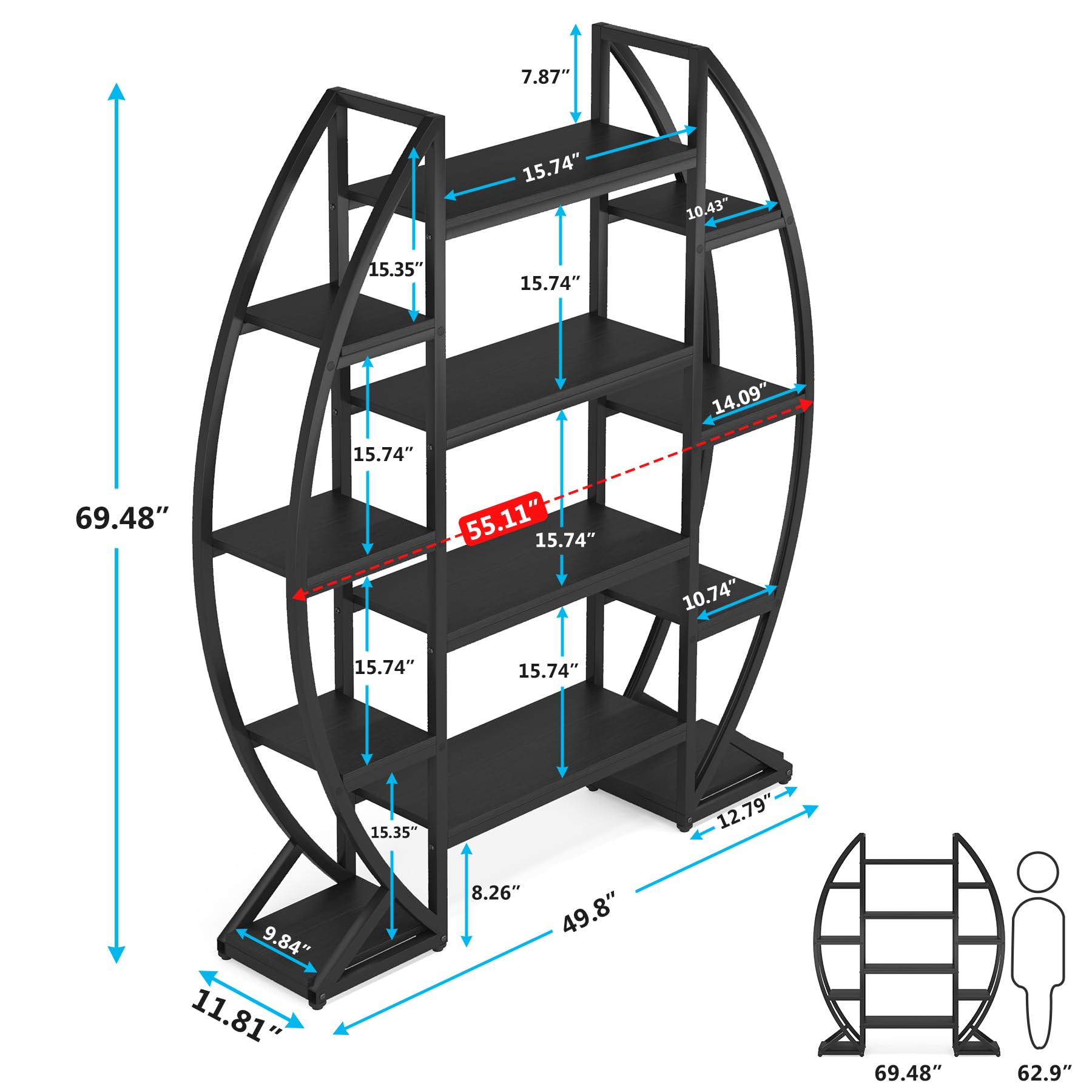 Oval Bookshelf Triple Wide 5-Tier Industrial Display