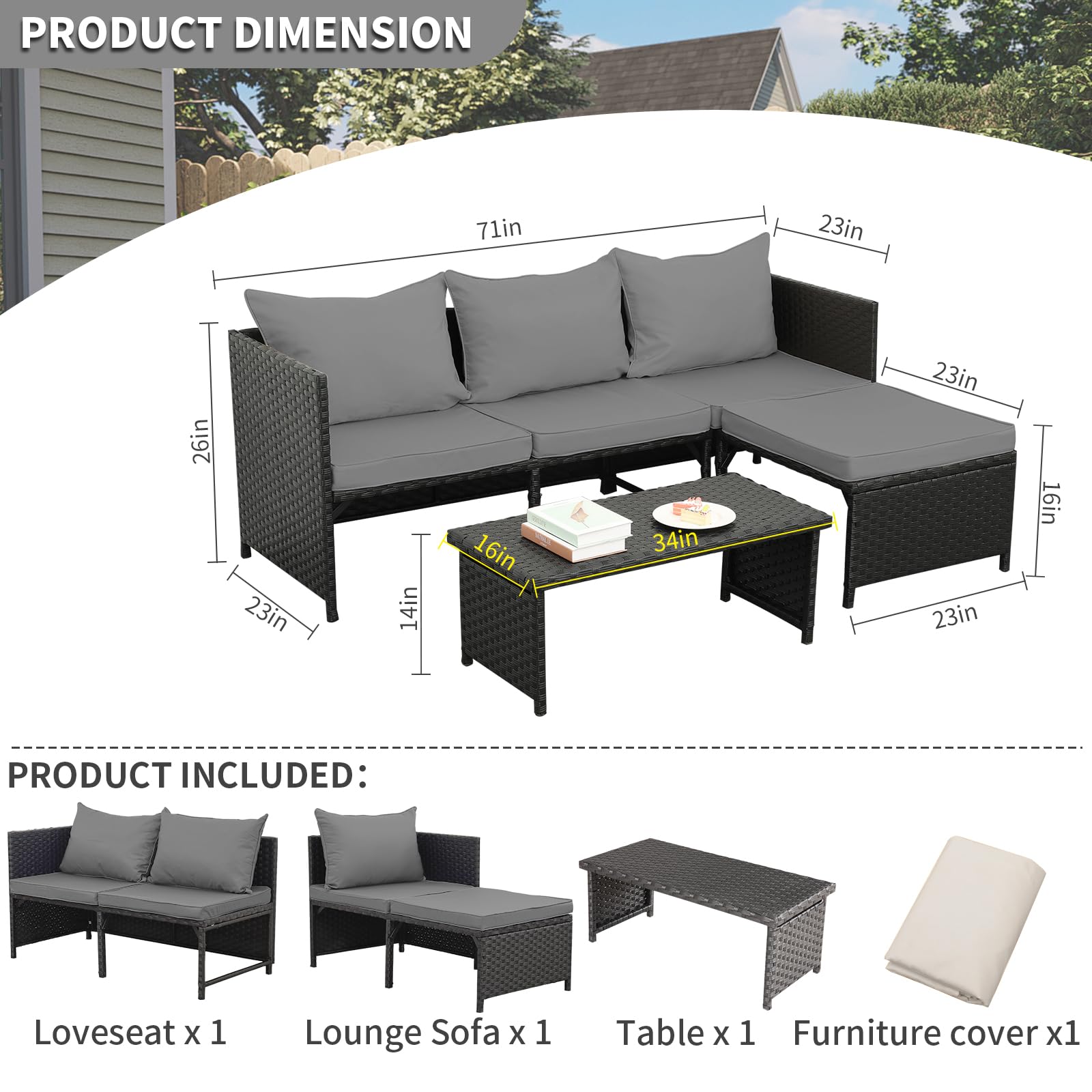3-Piece Outdoor Rattan Conversation Set with Gray Cushions