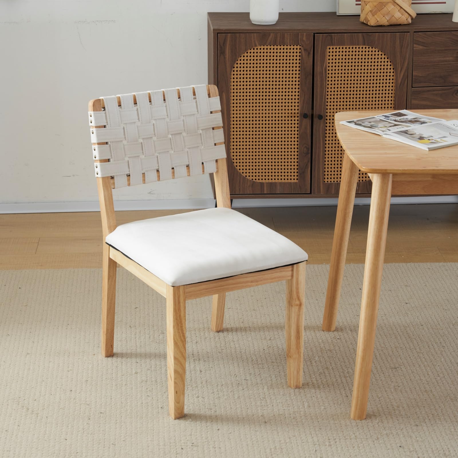 Beige Woven Wooden Dining Chairs Set of 2