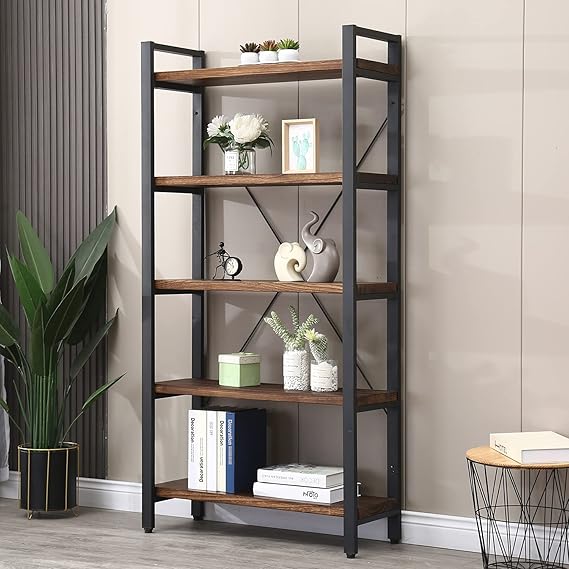 5 Tier Bookcase Solid Wood Rustic Industrial Etagere