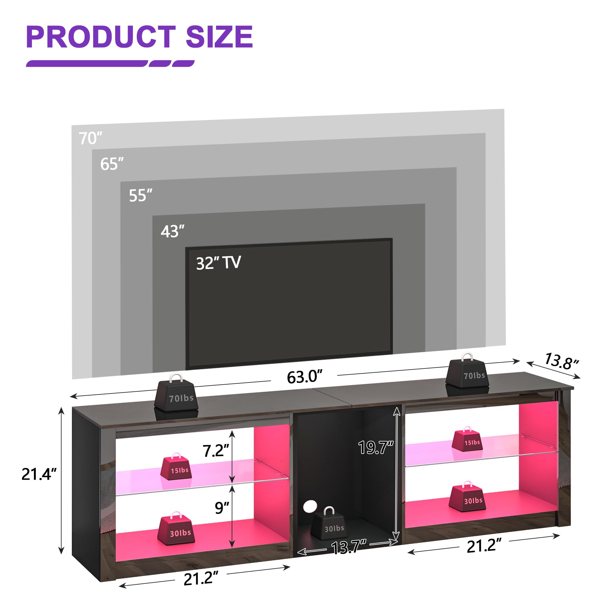 63 Inch LED TV Stand with Glass Shelves
