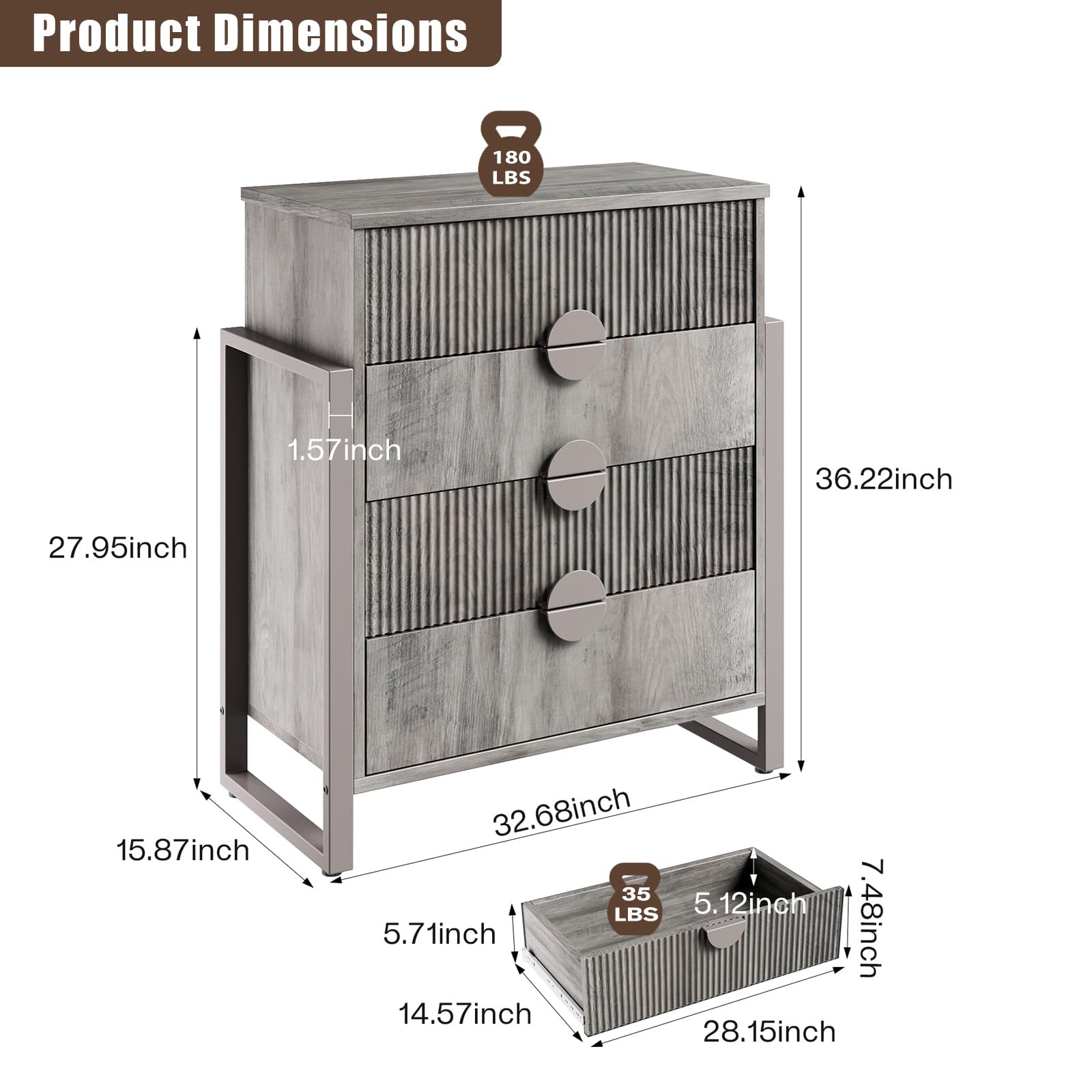 Fluted Dresser with 4 Drawers - Modern Chest with Steel Frame