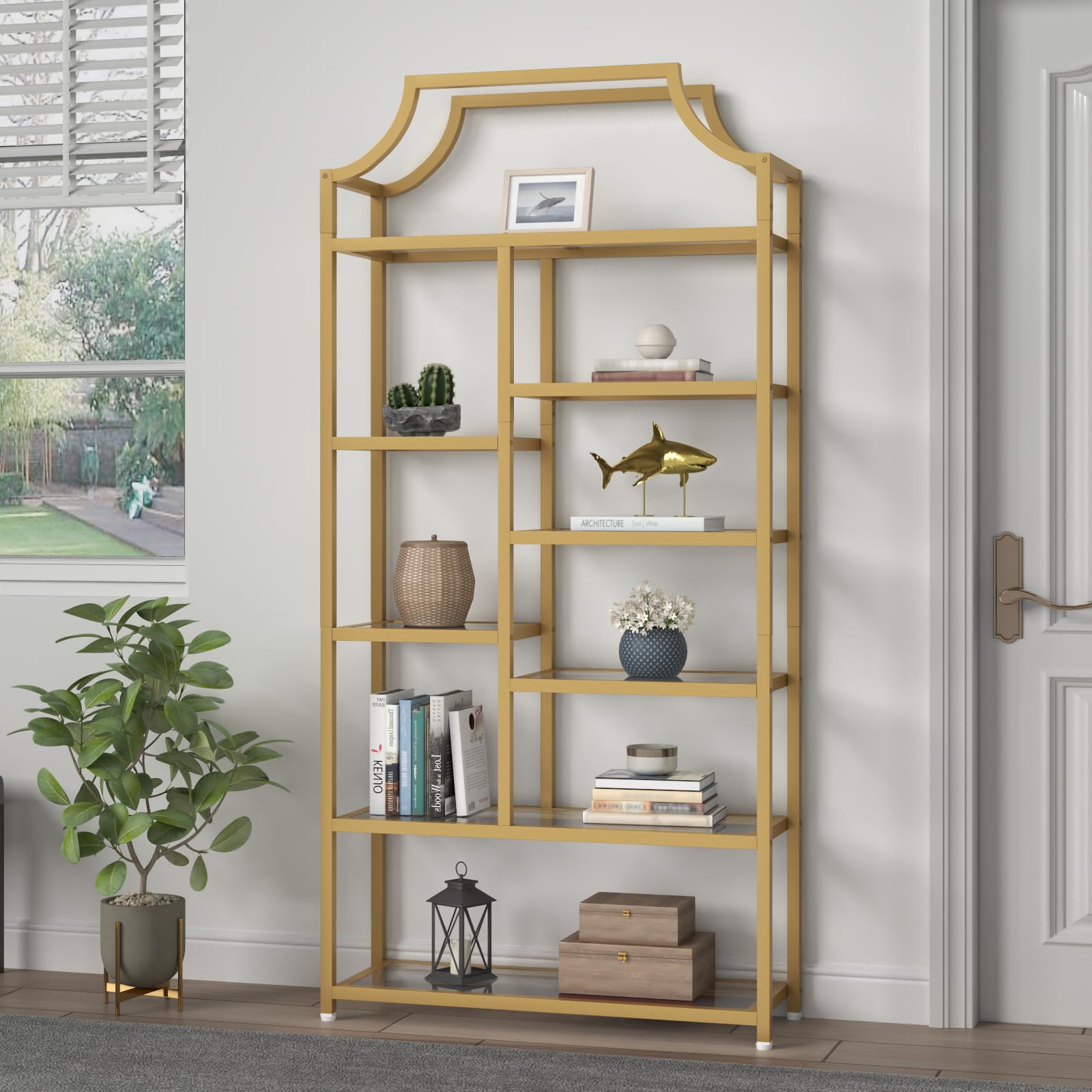 8-Tier Tempered Glass Bookshelf - Gold Metal Frame Etagere