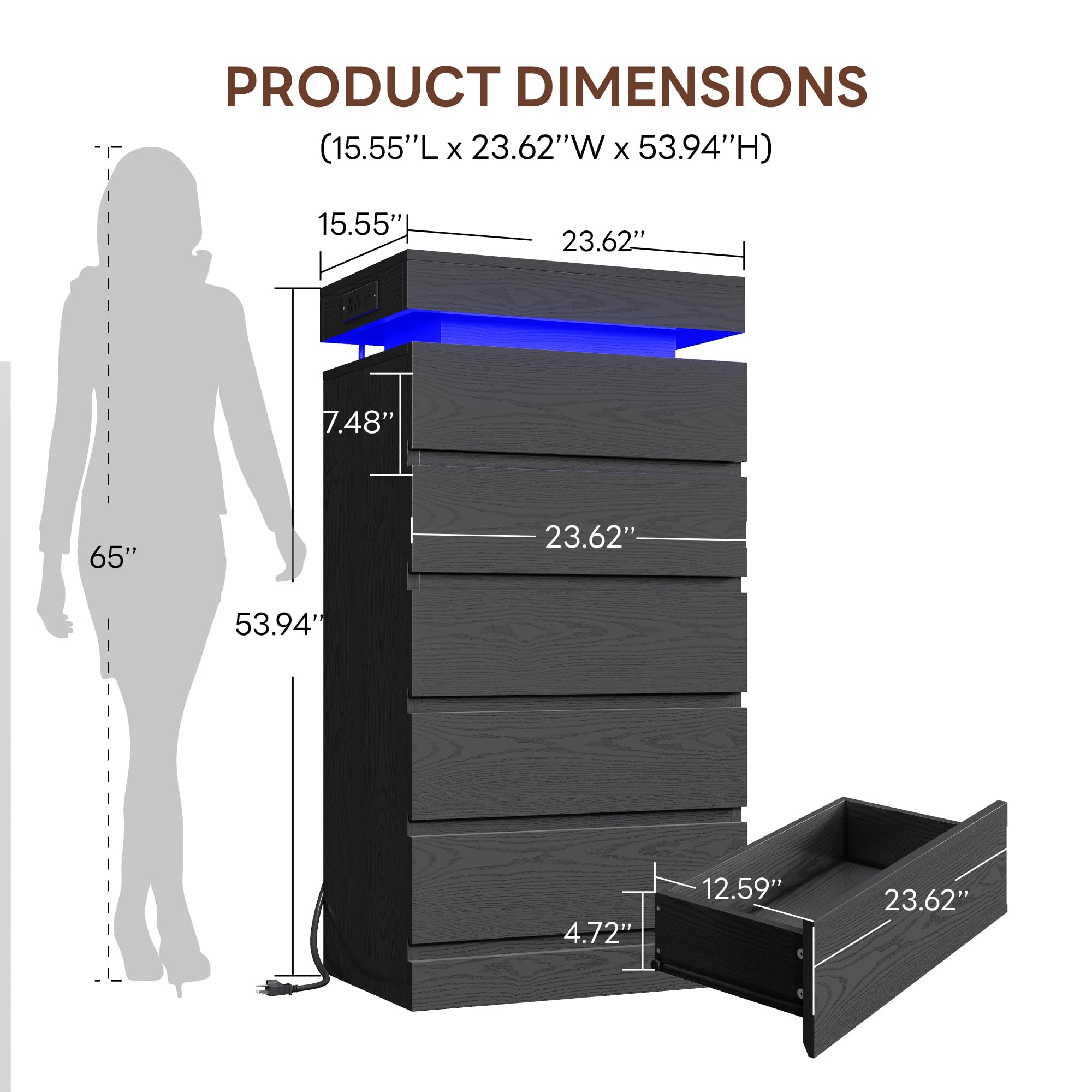 54" Tall 5 Drawer Dresser with LED Light and Power Outlet
