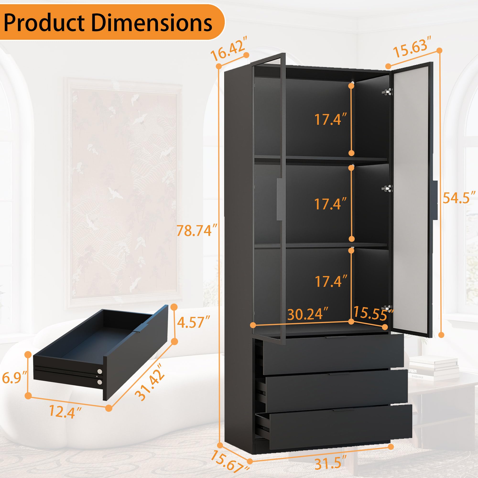 Black Glass Door Display Cabinet with LED Lights