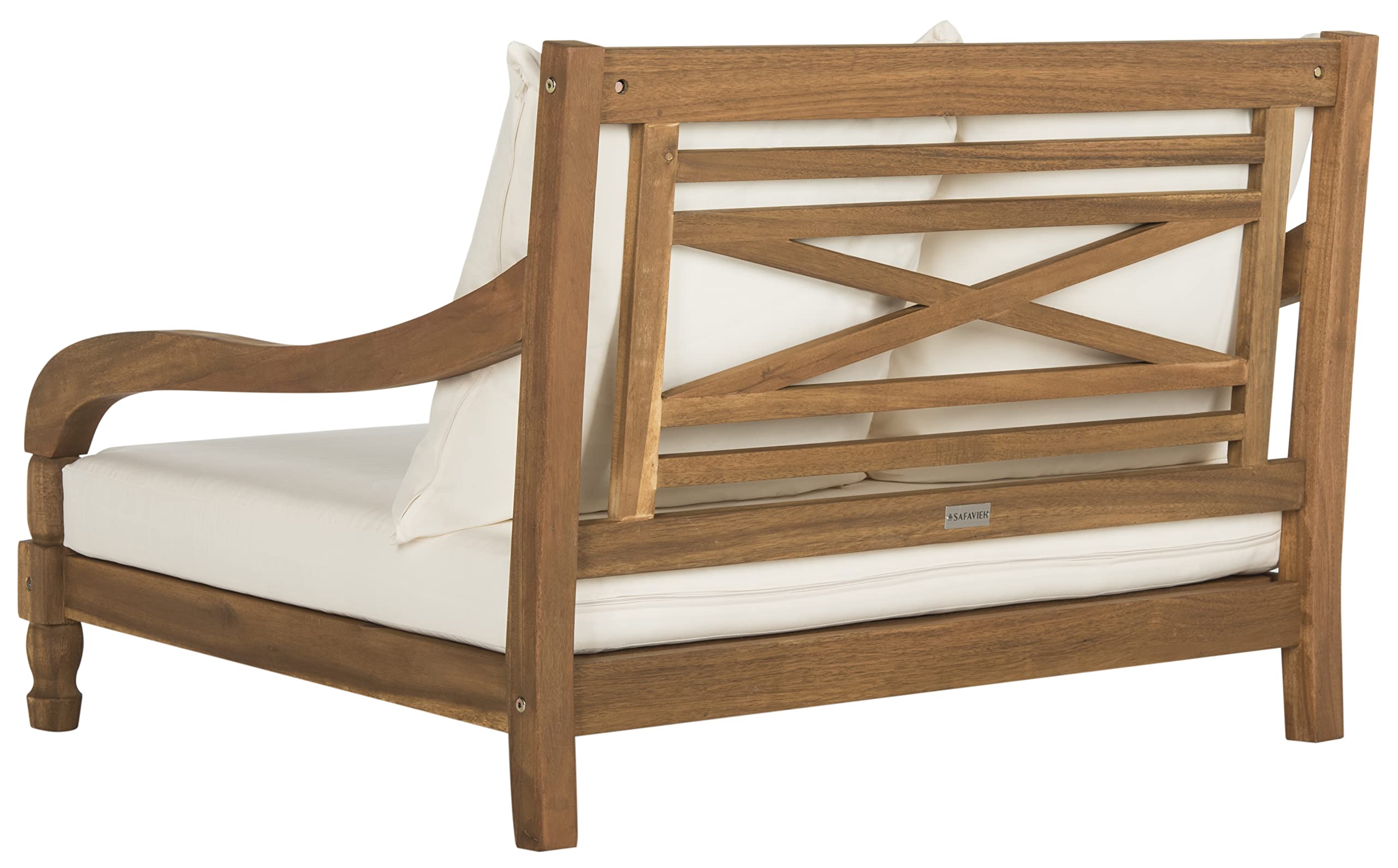 Outdoor Acacia Wood Lounger Bench with Beige Cushion