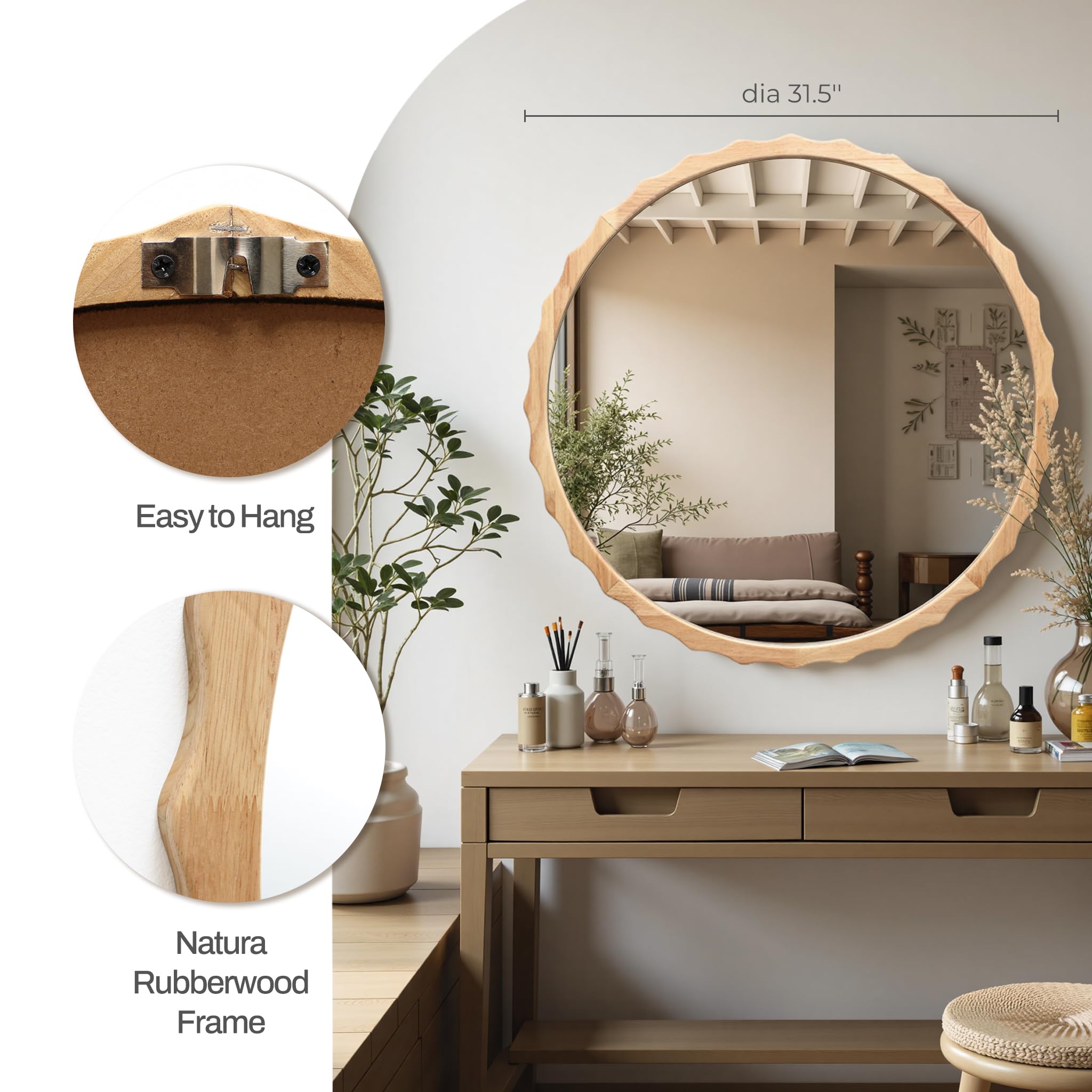 32" Round Wall Mirror with Natural Rubberwood Scalloped Frame