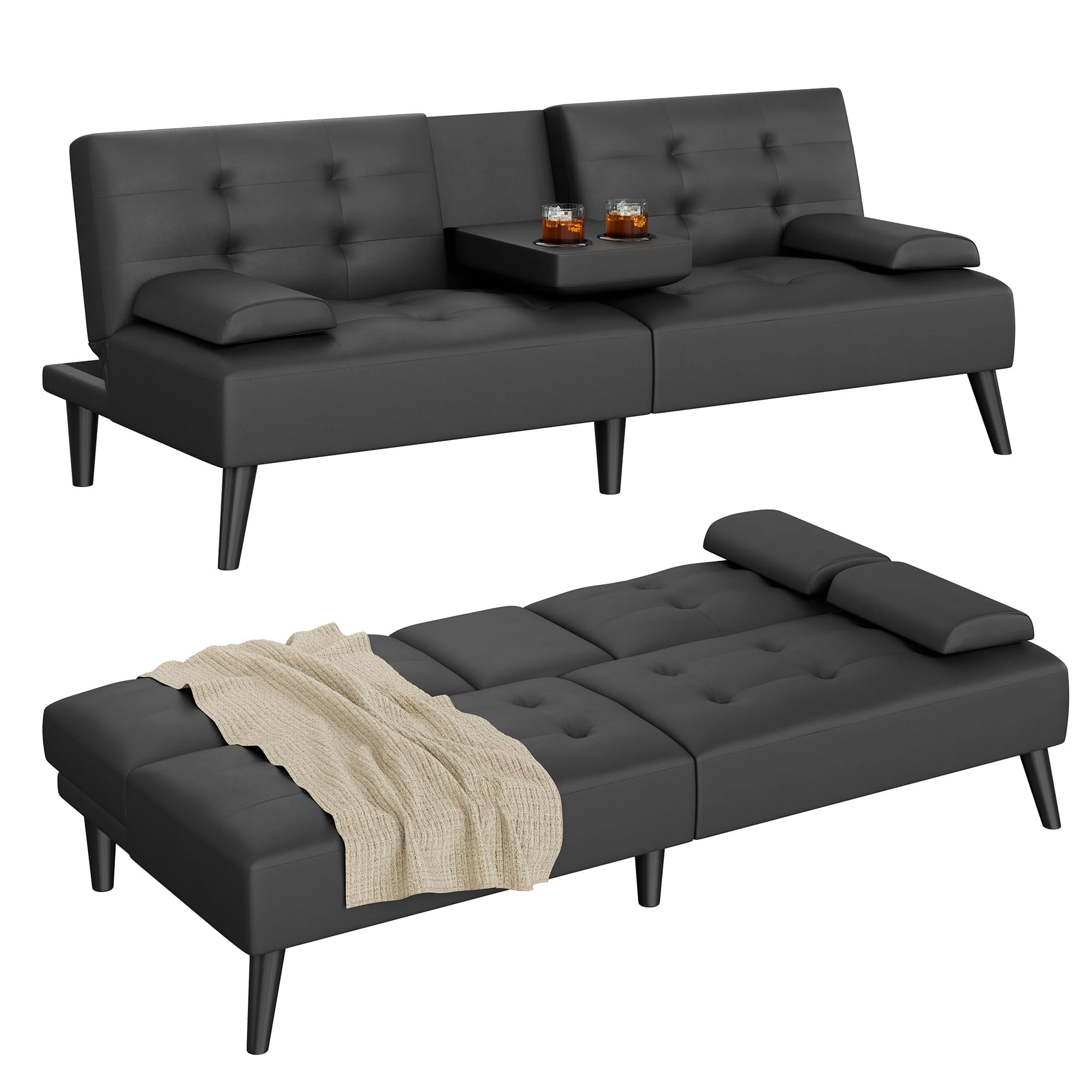 Leather Futon Sofa Bed with Removable Armrests