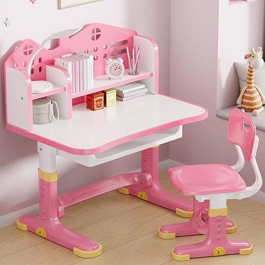 Kids Desk and Chair Set - Height Adjustable Study Writing Table with Bookstand and Storage Drawer