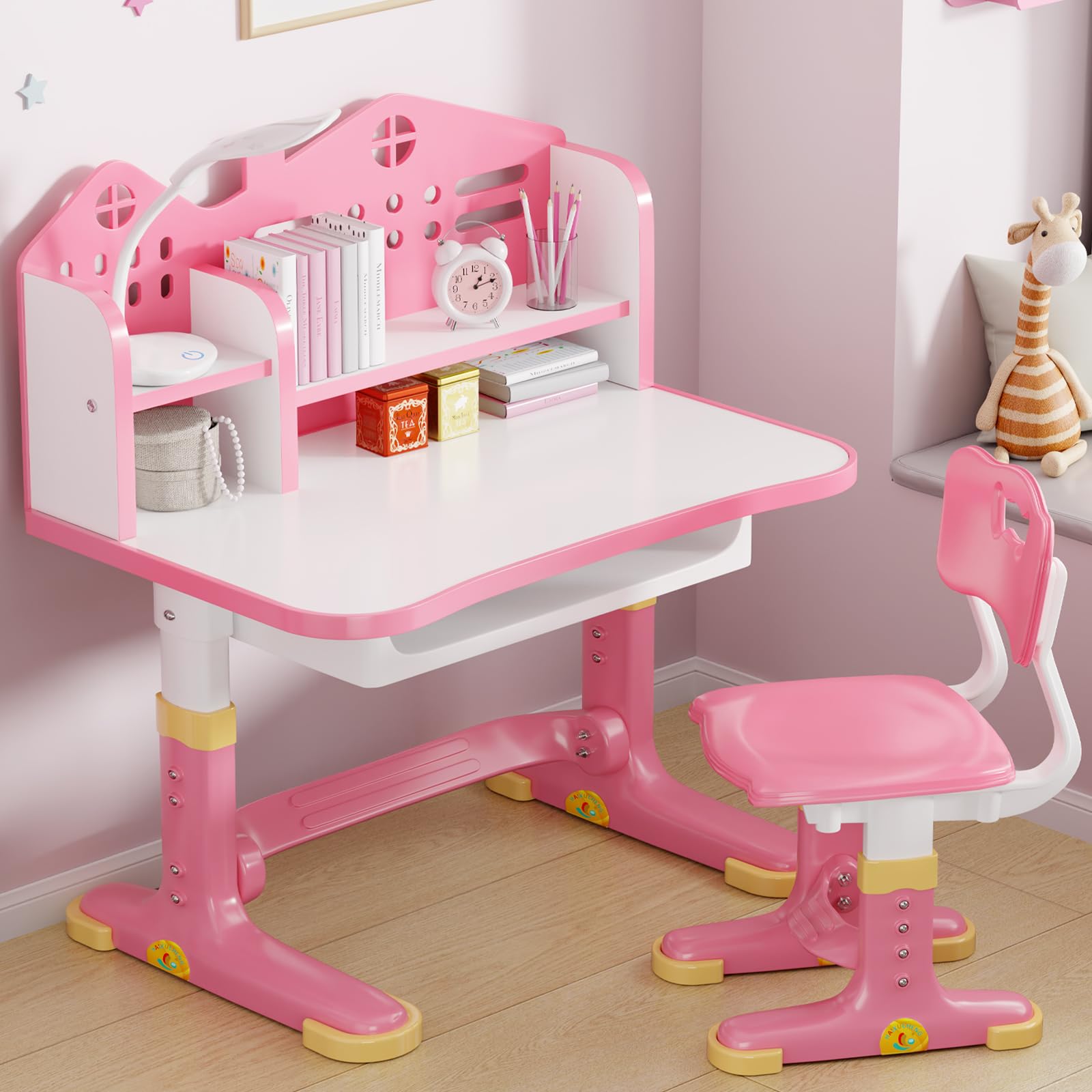 Kids Desk and Chair Set - Height Adjustable Study Writing Table with Bookstand and Storage Drawer