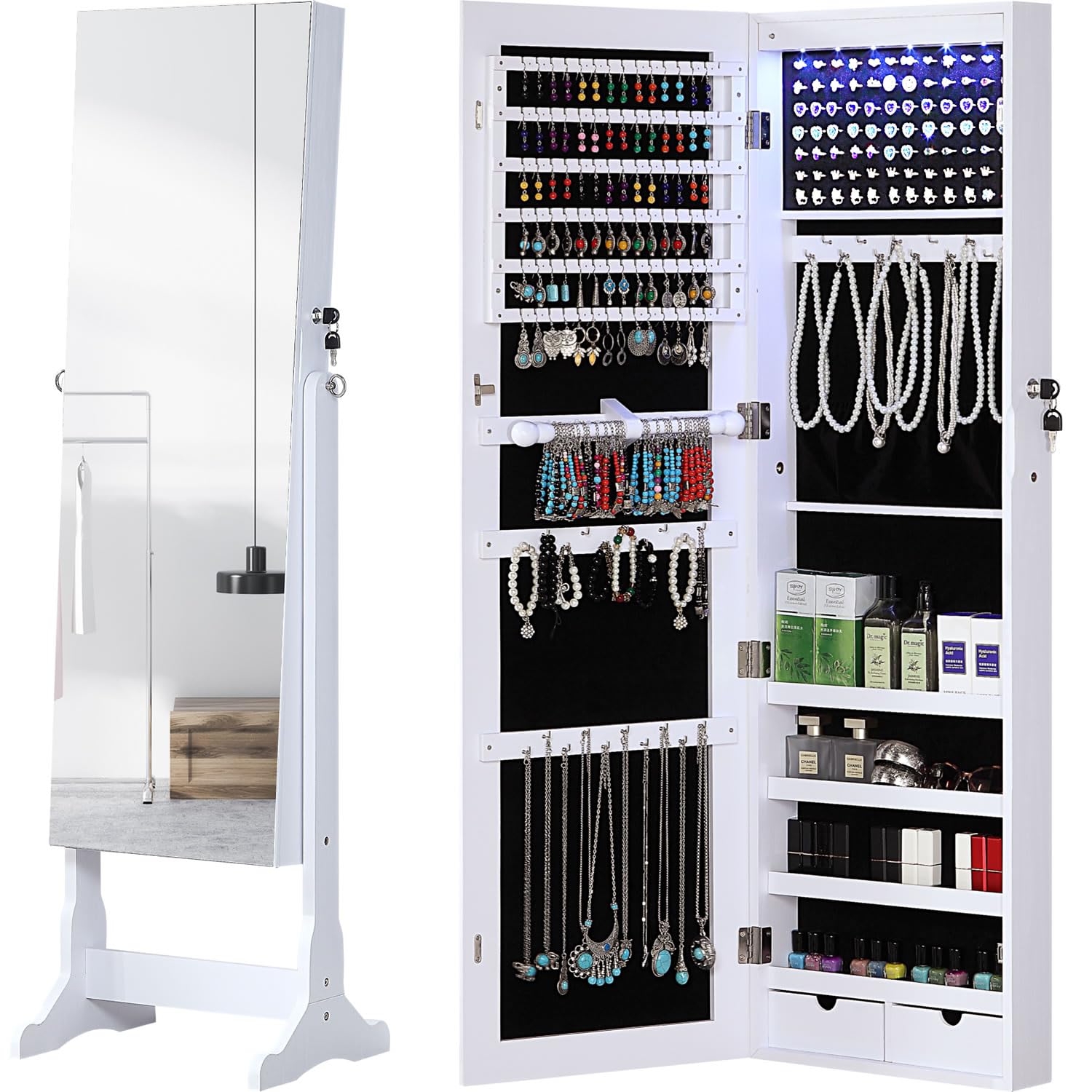 Full Length Mirror Jewelry Cabinet with LED Lights