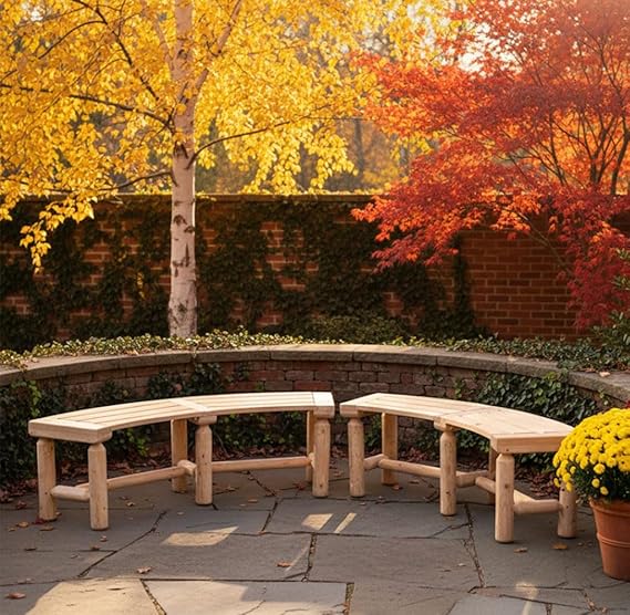 Curved Fire Pit Bench Solid Wood Backless Outdoor Seating