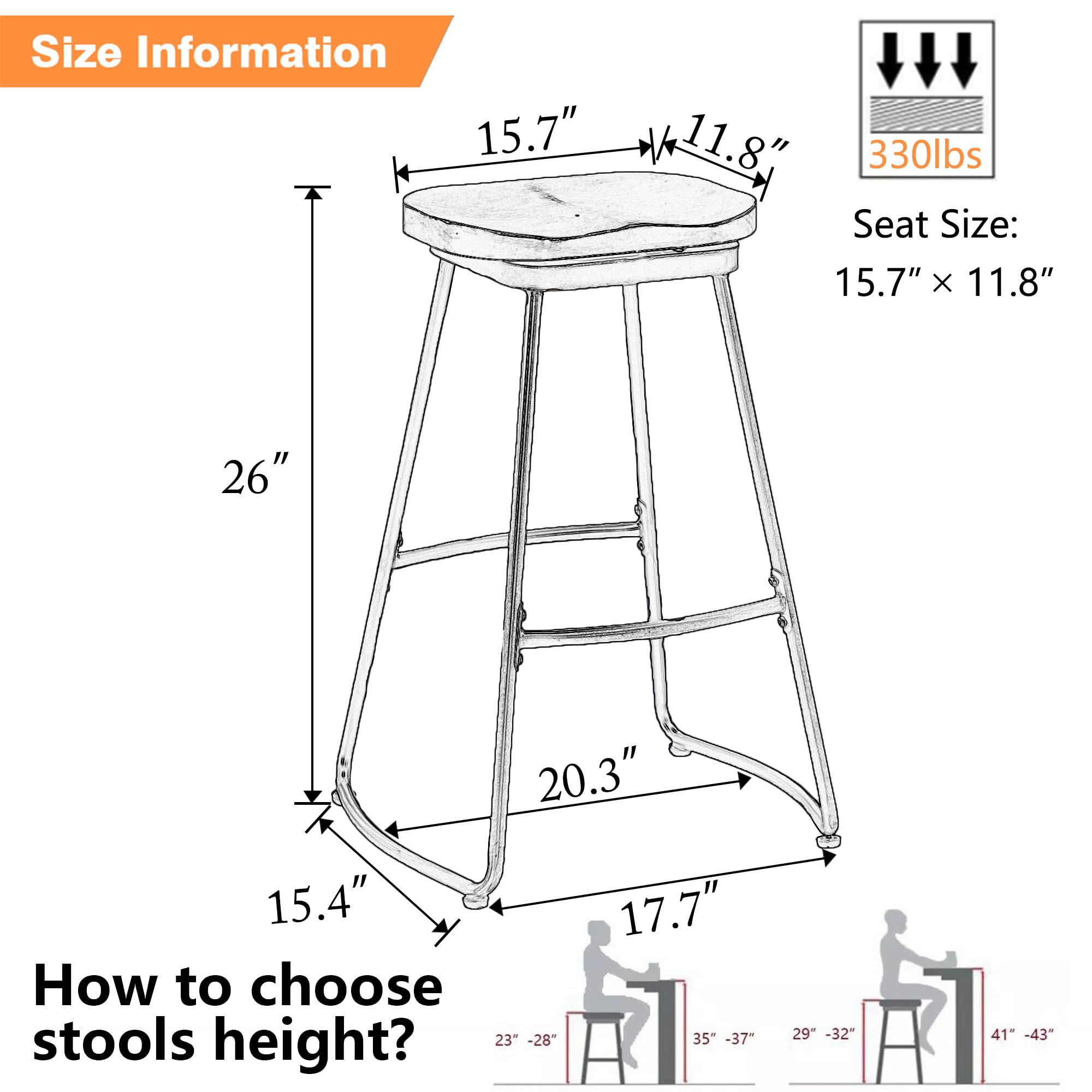 26" Metal Bar Stools Set of 4 Saddle Seat Backless