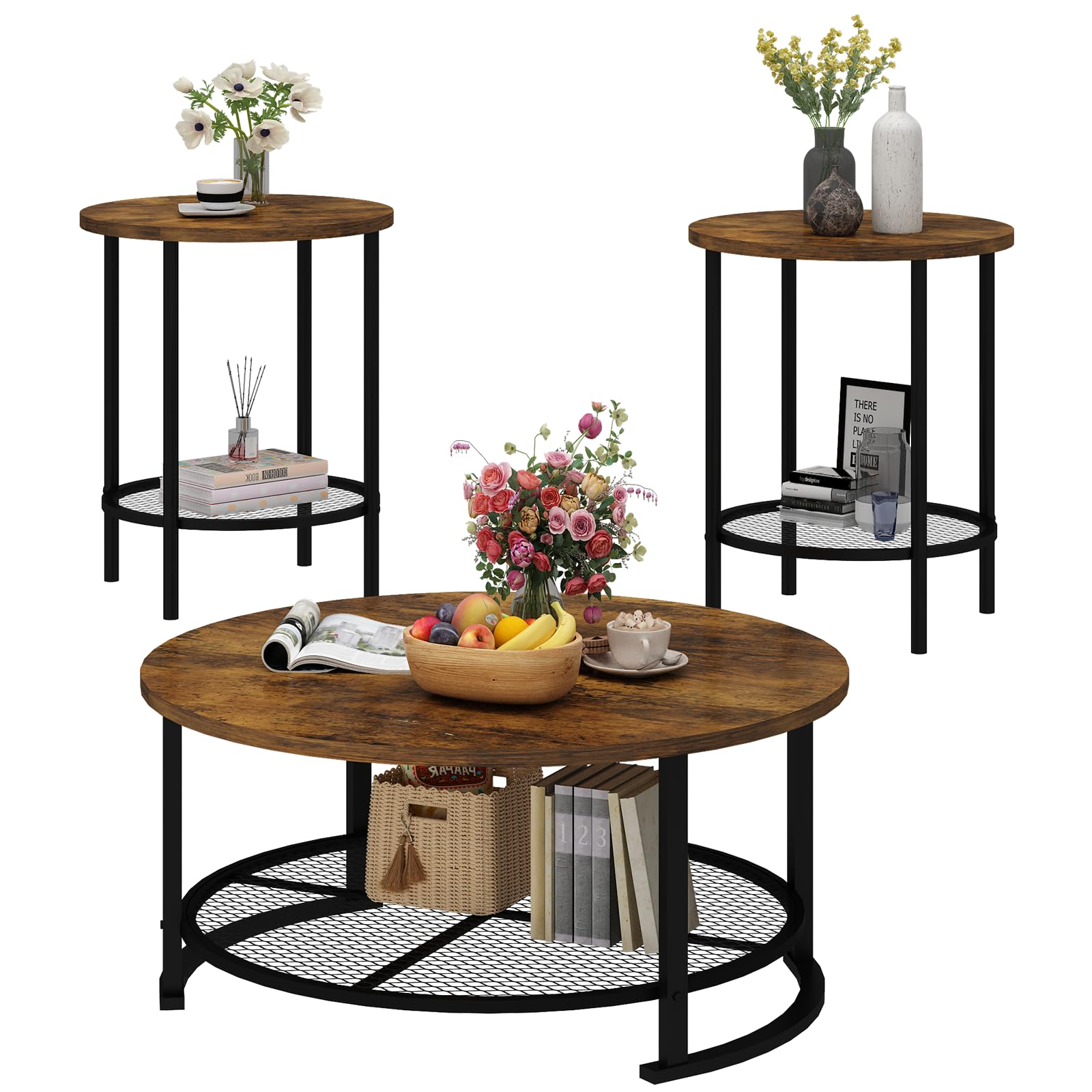 Round Coffee Table and End Table Set of 3 with Storage