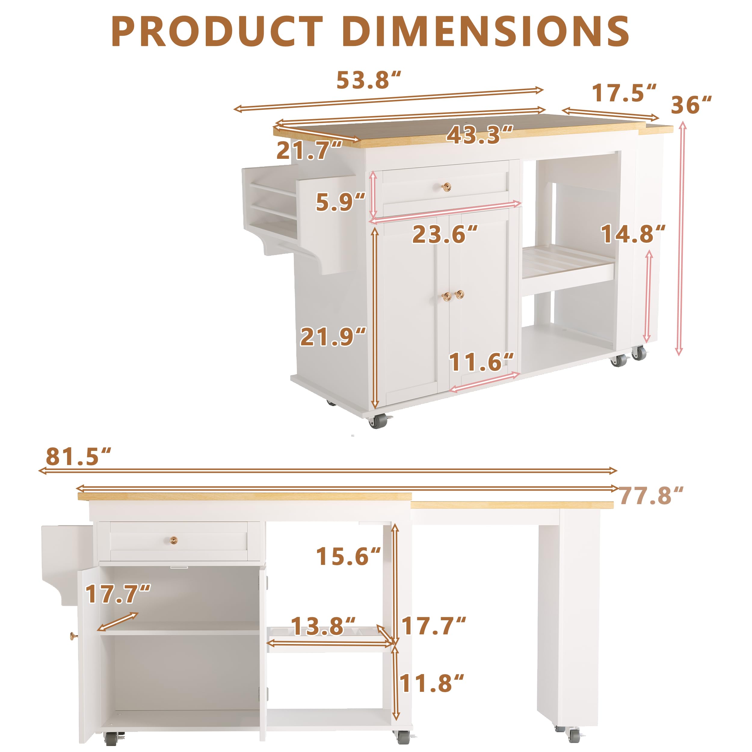 81.5" Kitchen Island with Extendable Dining Table on Wheels