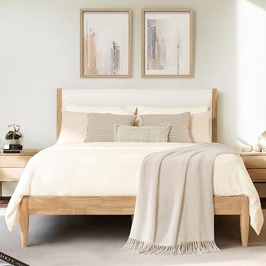 Wood Bed Frame with Upholstered Headboard