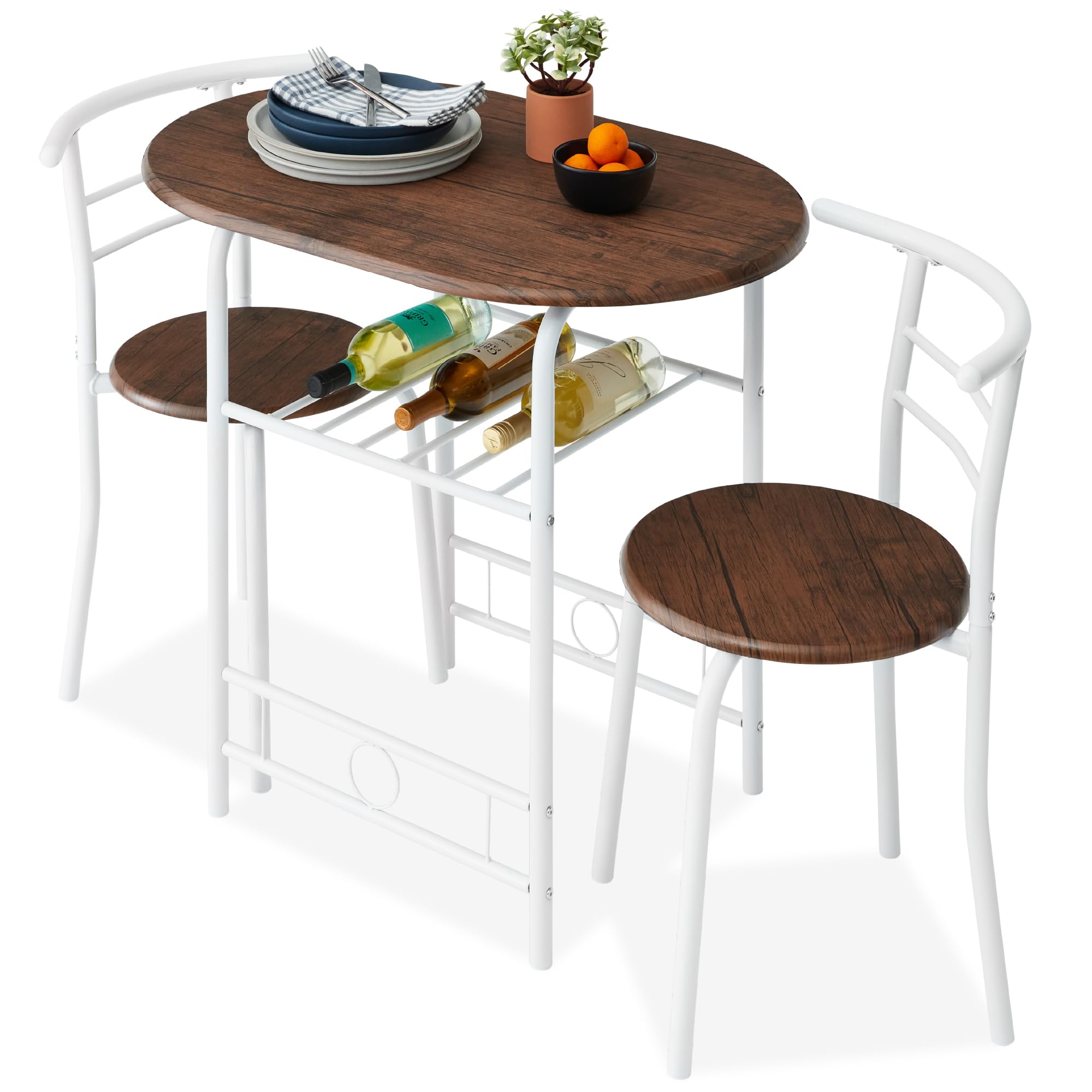 3-Piece Wooden Round Dining Table Set with Wine Rack