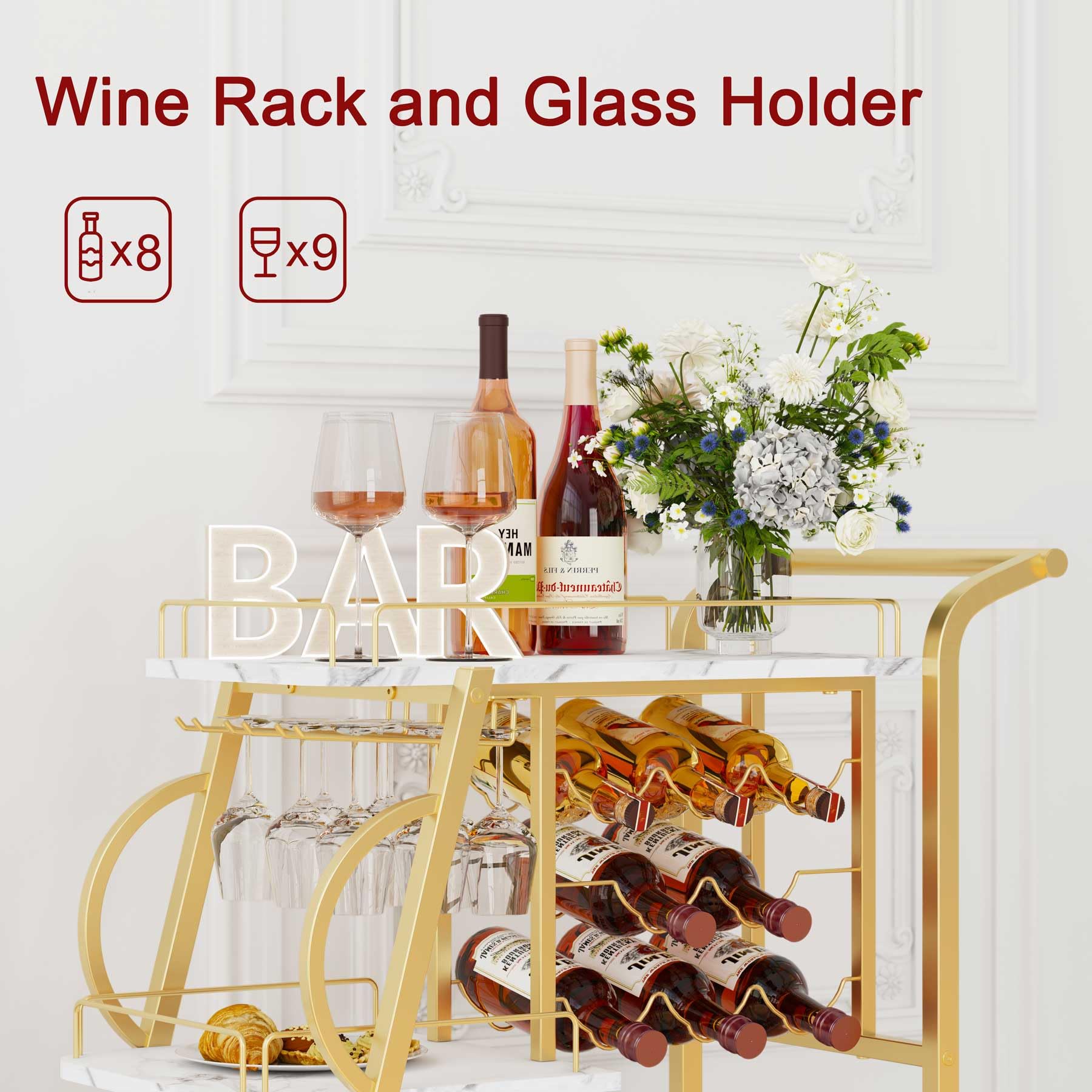 3-Tier Gold Bar Cart with Wine Glass Holder