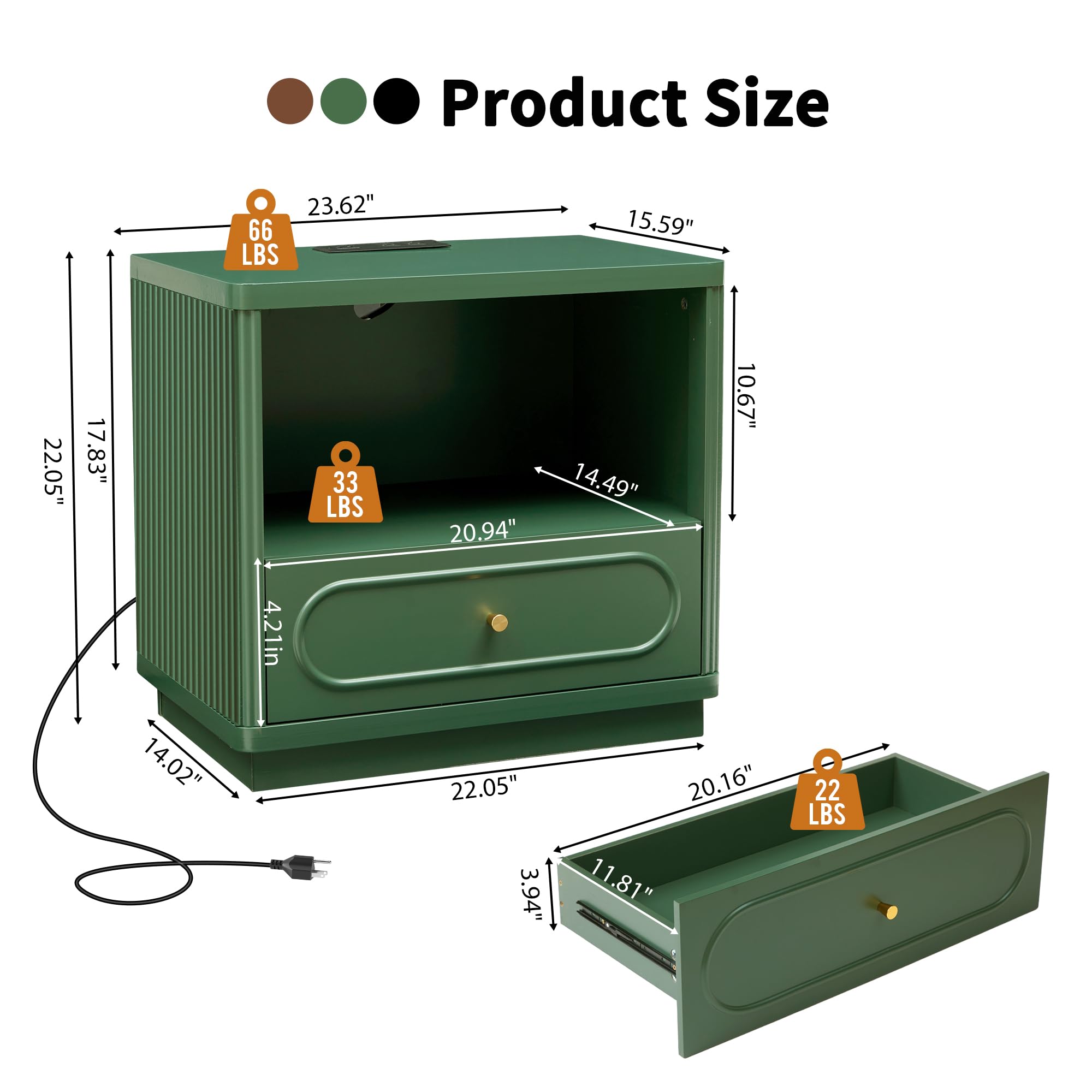Fluted Nightstand with Charging Station and Drawer Storage